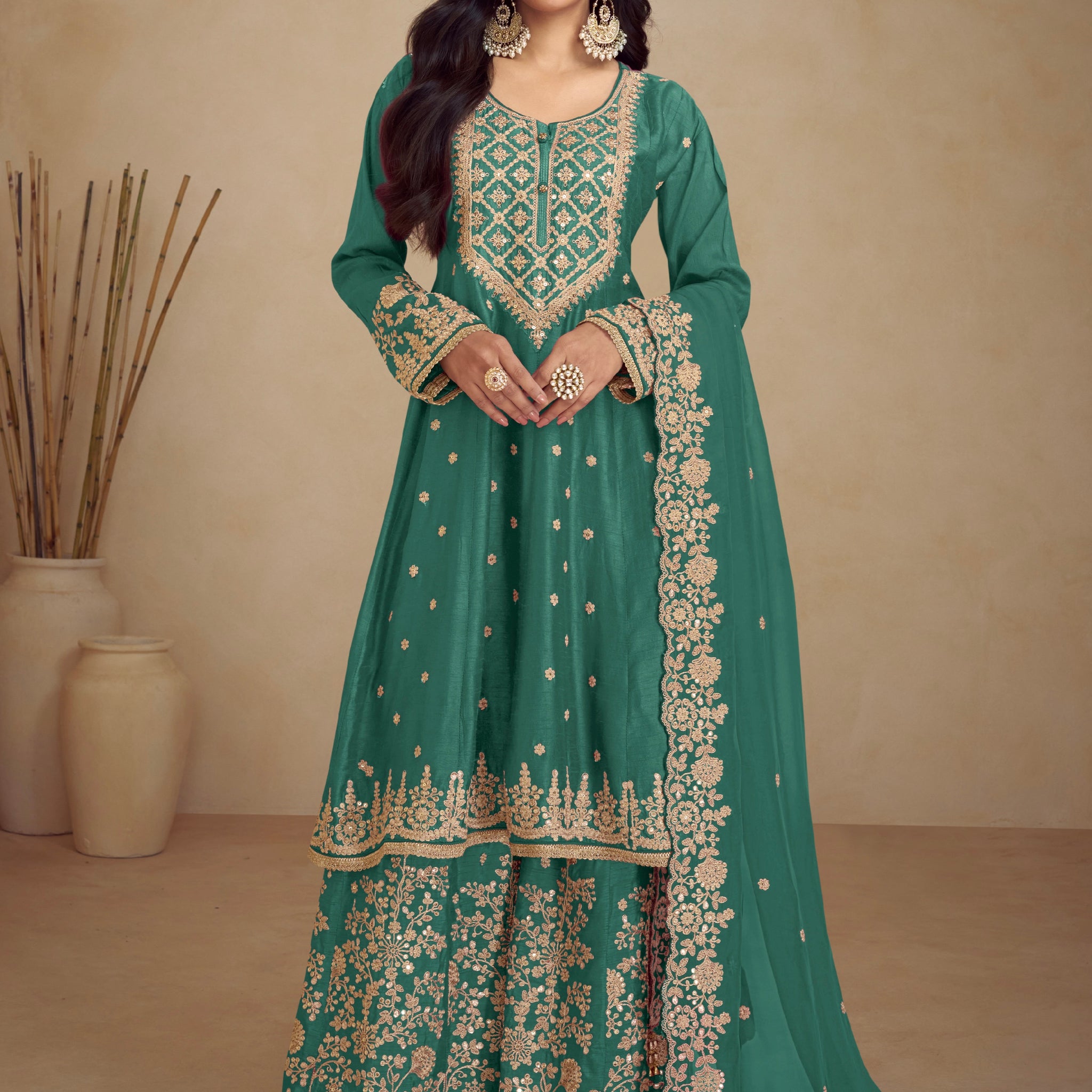 Green Real Chinon Palazzo Suit with Embroidered Koti Style & Dupatta