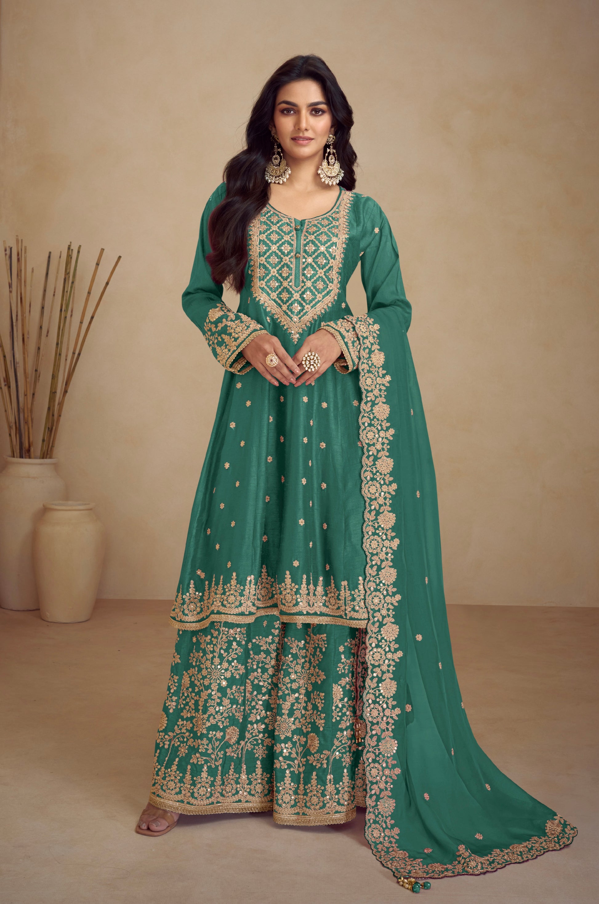 Green Real Chinon Palazzo Suit with Embroidered Koti Style & Dupatta