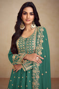 Green Real Chinon Palazzo Suit with Embroidered Koti Style & Dupatta