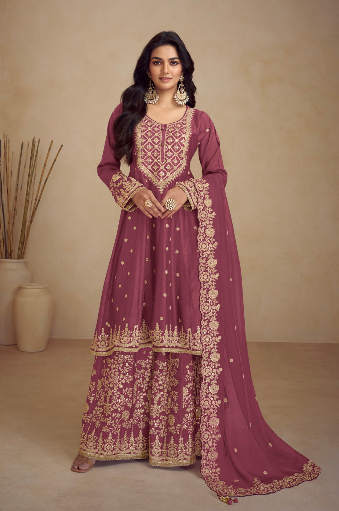 Maroon Real Chinon Palazzo Suit with Embroidered Koti Style & Dupatta