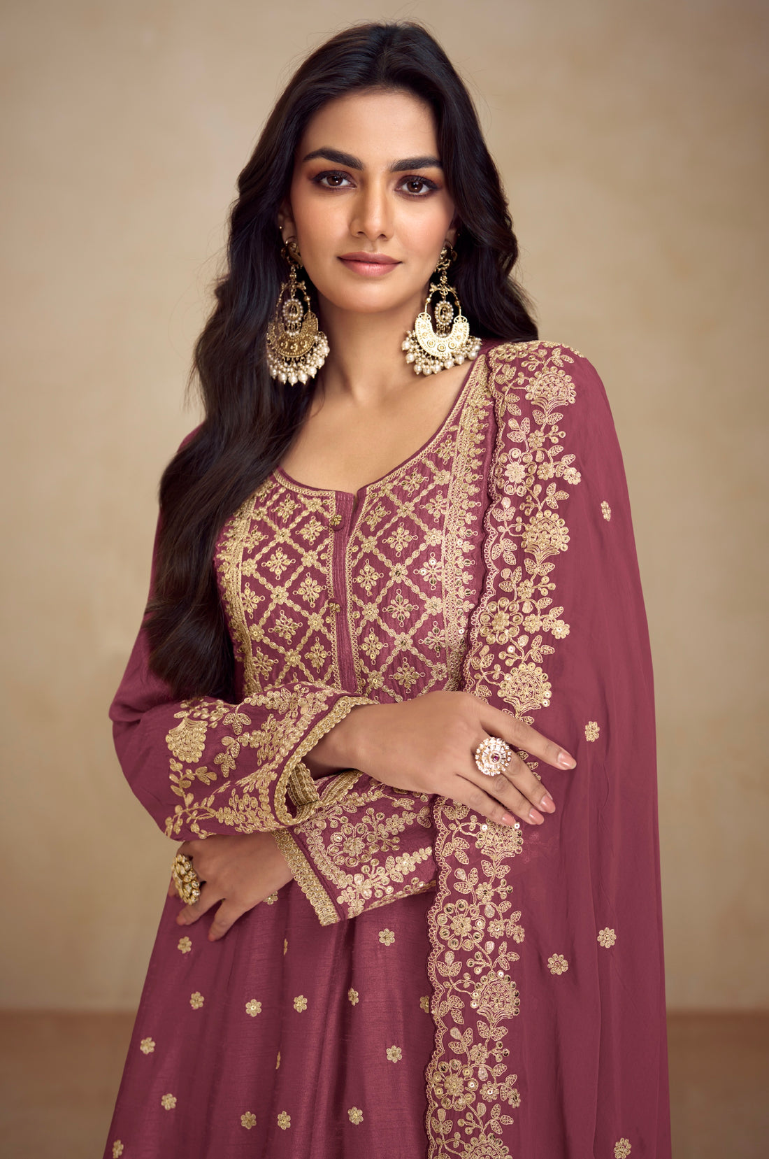 Maroon Real Chinon Palazzo Suit with Embroidered Koti Style & Dupatta