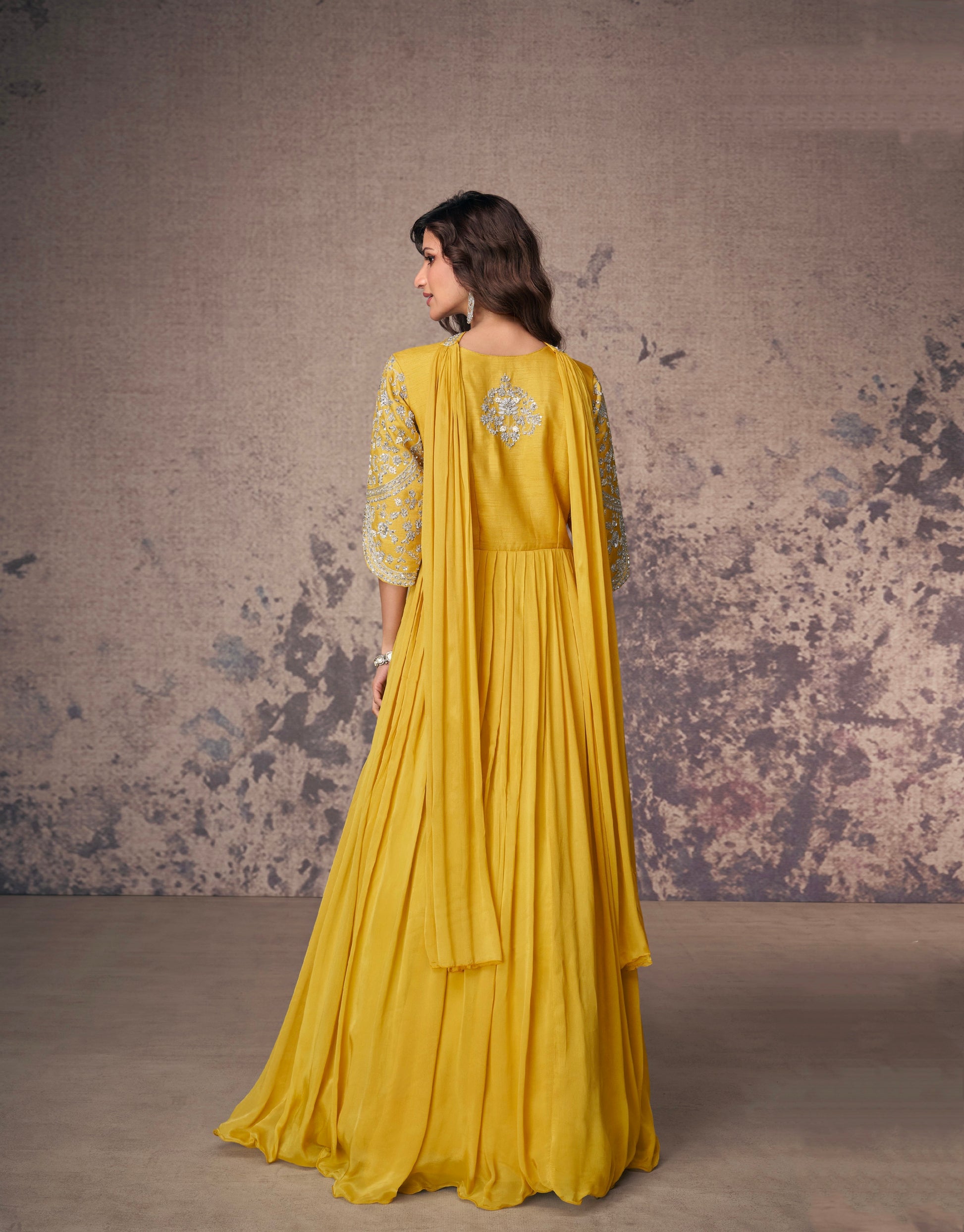 Yellow Real Chinon Silk Anarkali Suit & White Embroidery and Dupatta