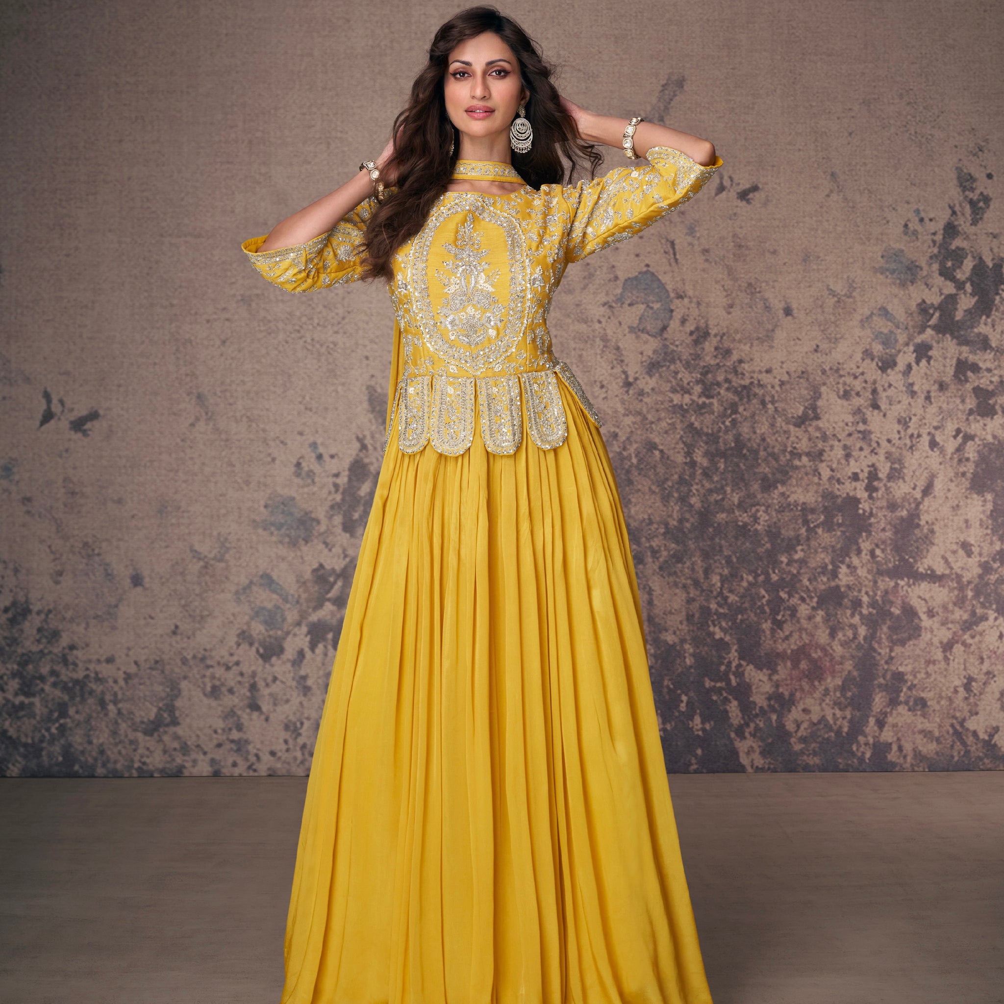 Yellow Real Chinon Silk Anarkali Suit & White Embroidery and Dupatta