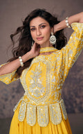 Yellow Real Chinon Silk Anarkali Suit & White Embroidery and Dupatta