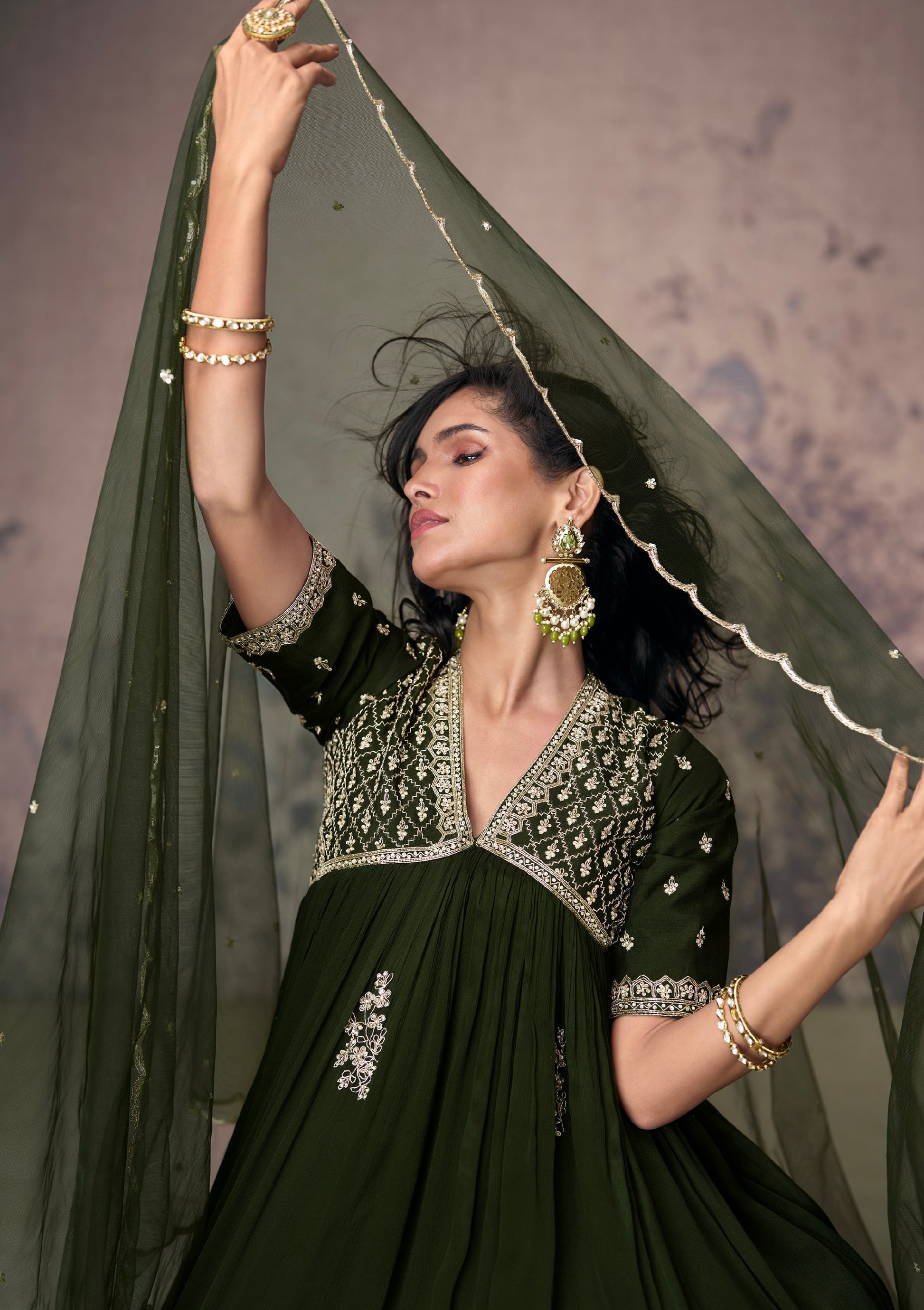 Dark Green Real Chinon Silk Anarkali Suit Embroidery and Net Dupatta