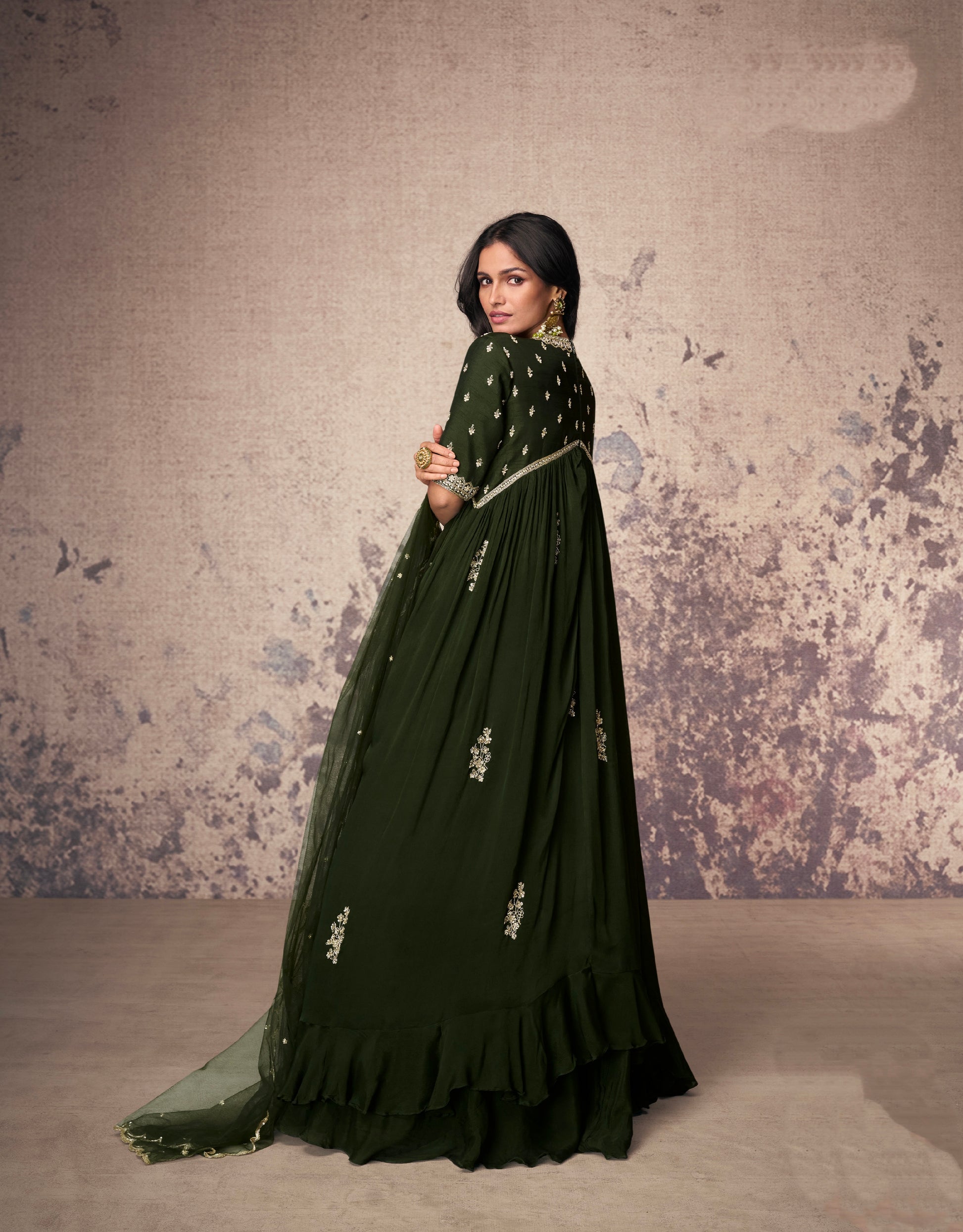 Dark Green Real Chinon Silk Anarkali Suit Embroidery and Net Dupatta