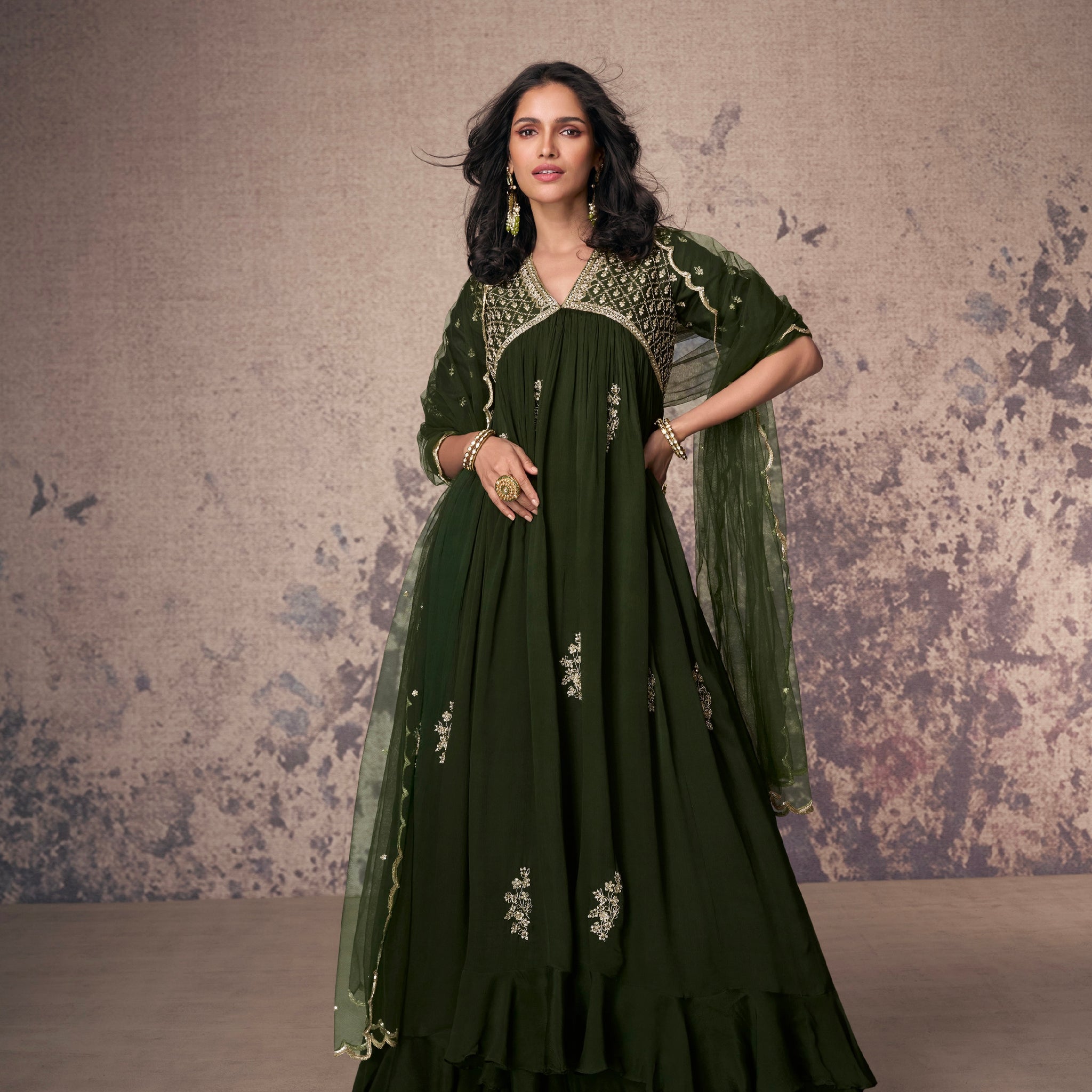 Dark Green Real Chinon Silk Anarkali Suit Embroidery and Net Dupatta