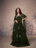 Dark Green Real Chinon Silk Anarkali Suit Embroidery and Net Dupatta