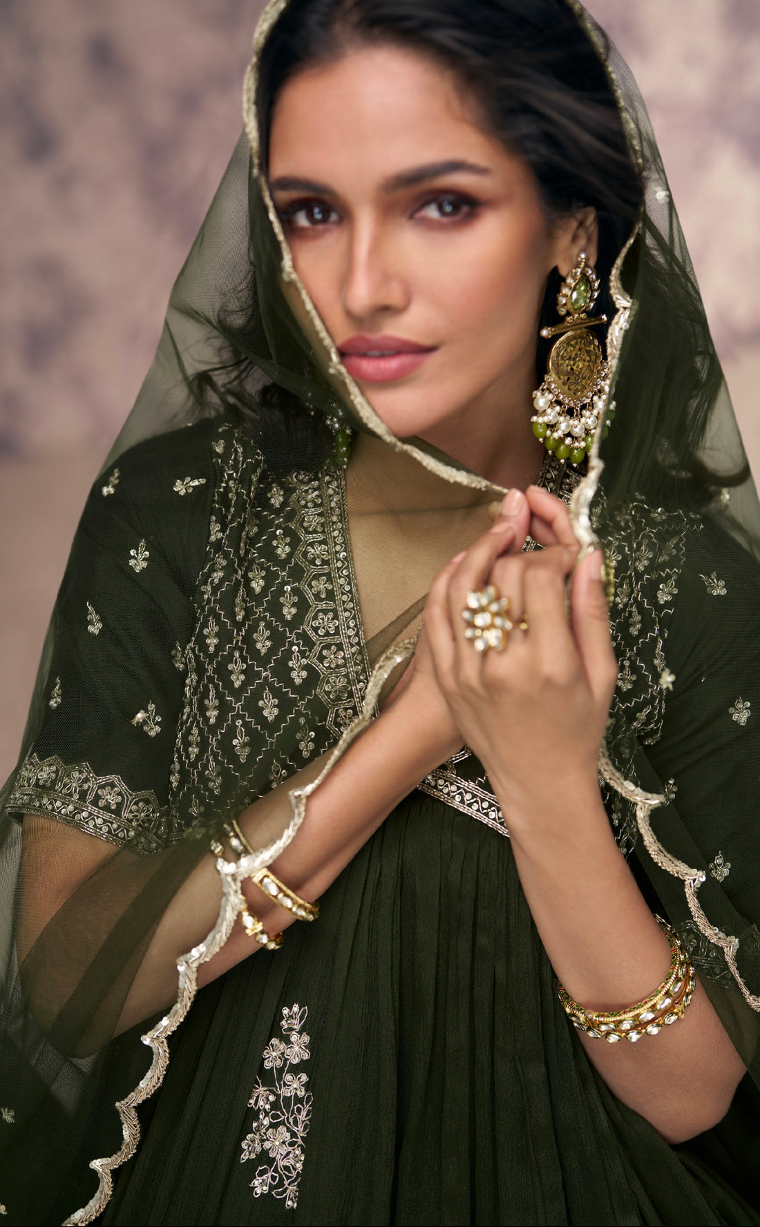 Dark Green Real Chinon Silk Anarkali Suit Embroidery and Net Dupatta