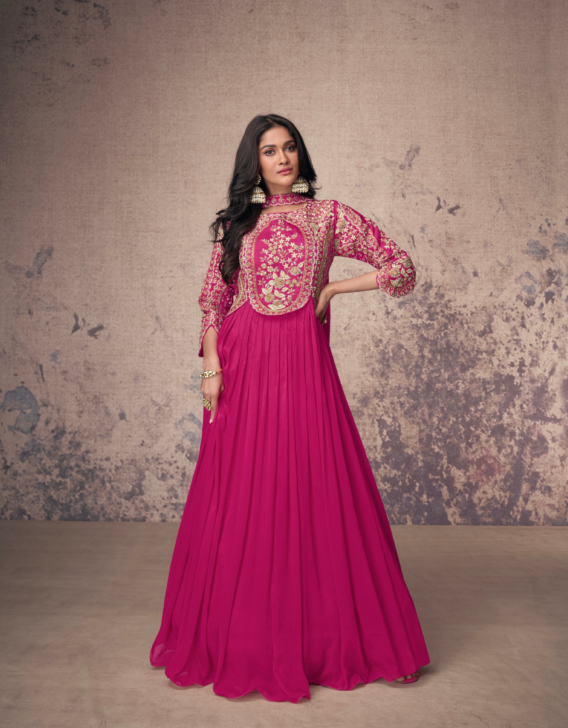 Magenta Real Chinon Silk Anarkali Suit & Gold Embroidery and Dupatta