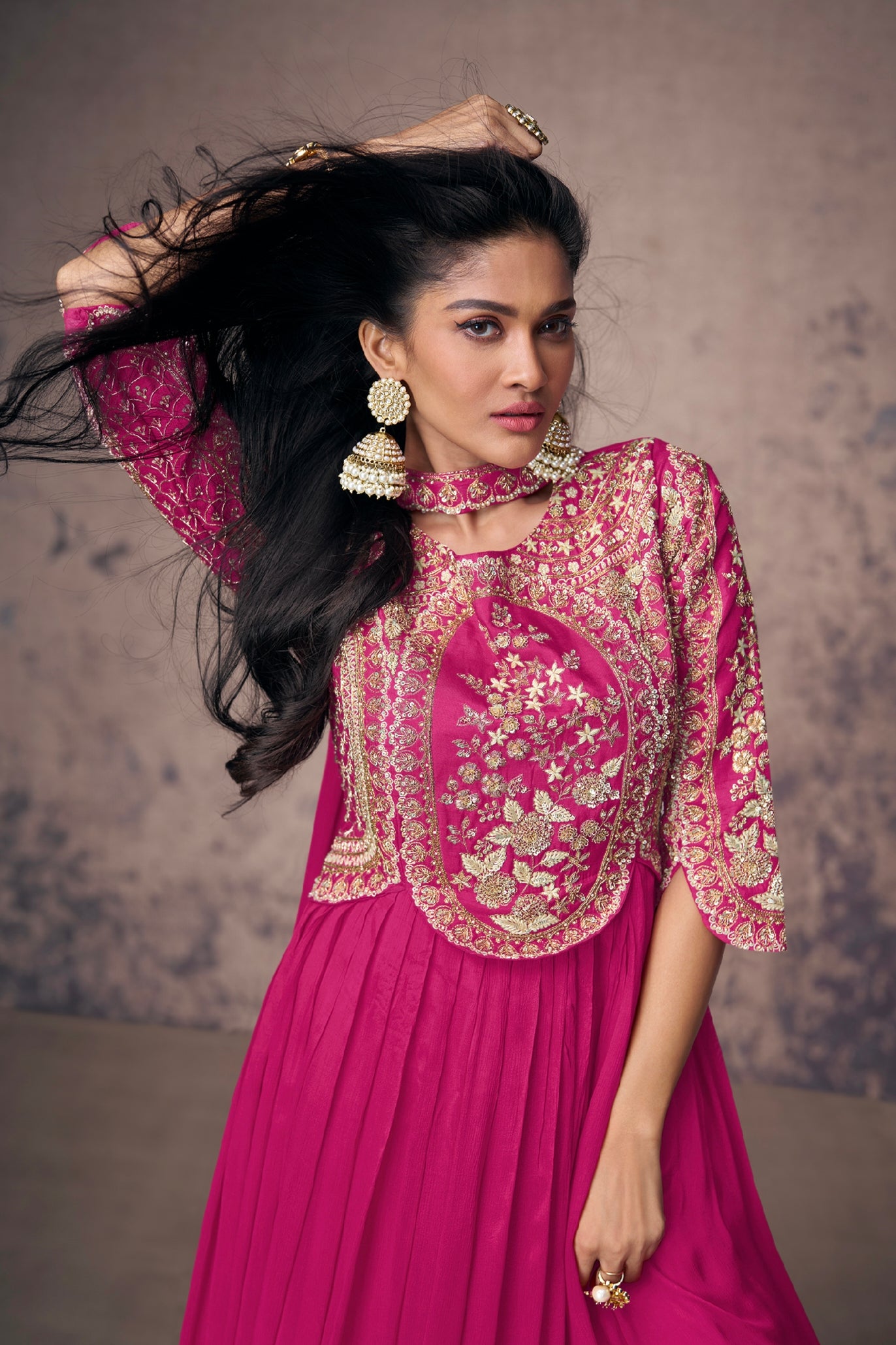 Magenta Real Chinon Silk Anarkali Suit & Gold Embroidery and Dupatta