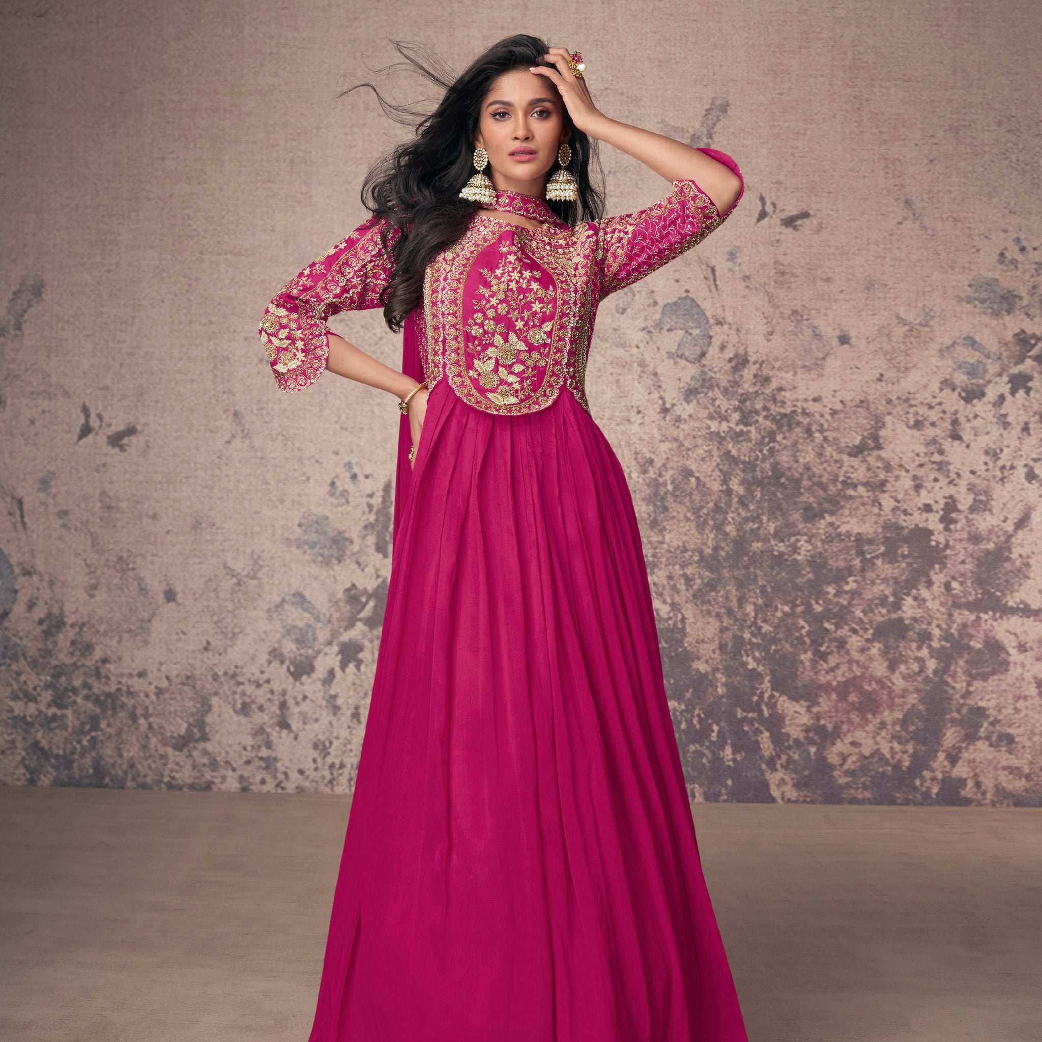 Magenta Real Chinon Silk Anarkali Suit & Gold Embroidery and Dupatta