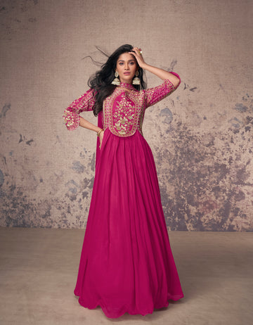 Magenta Real Chinon Silk Anarkali Suit & Gold Embroidery and Dupatta