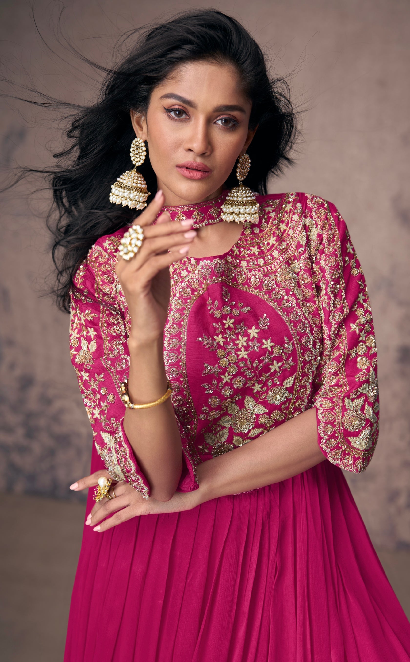 Magenta Real Chinon Silk Anarkali Suit & Gold Embroidery and Dupatta