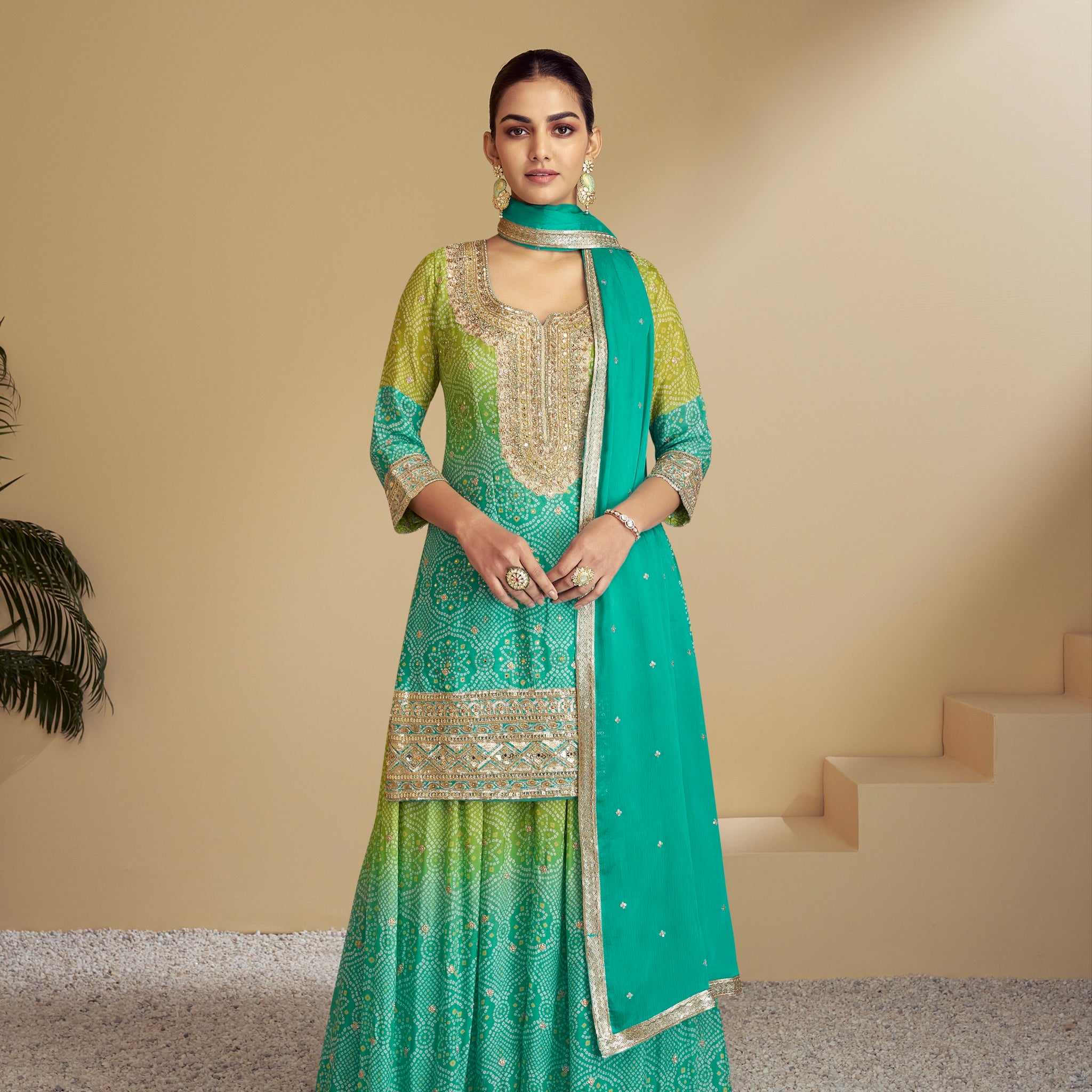 Sea Green & Lime Green Embroidered Sharara Suit with Mirror Work