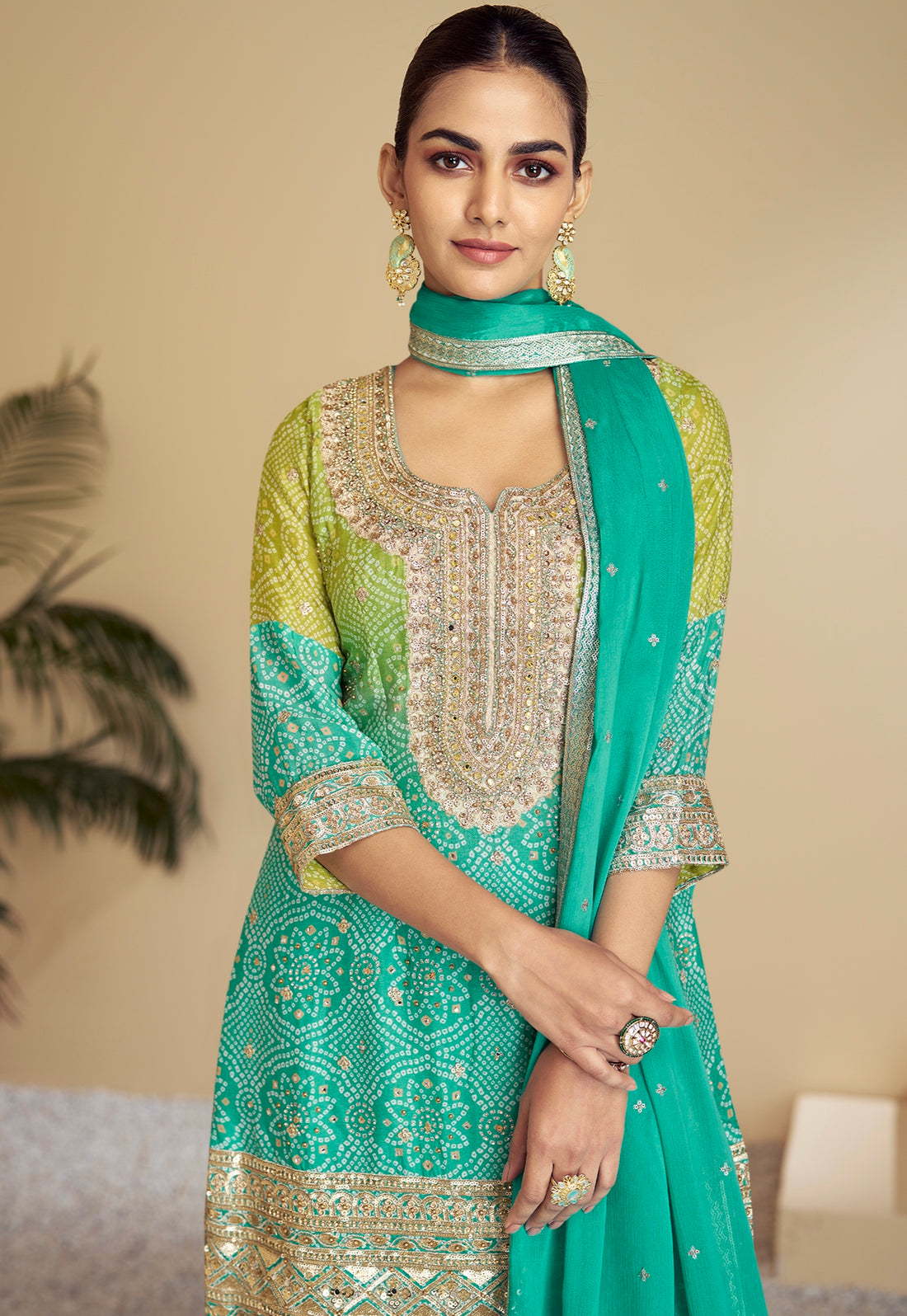 Sea Green & Lime Green Embroidered Sharara Suit with Mirror Work