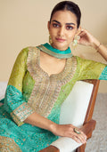 Sea Green & Lime Green Embroidered Sharara Suit with Mirror Work