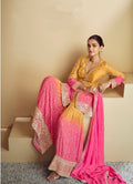 Mustard Yellow & Pink Digital Chinon Sharara Suit with Gold Embroidery