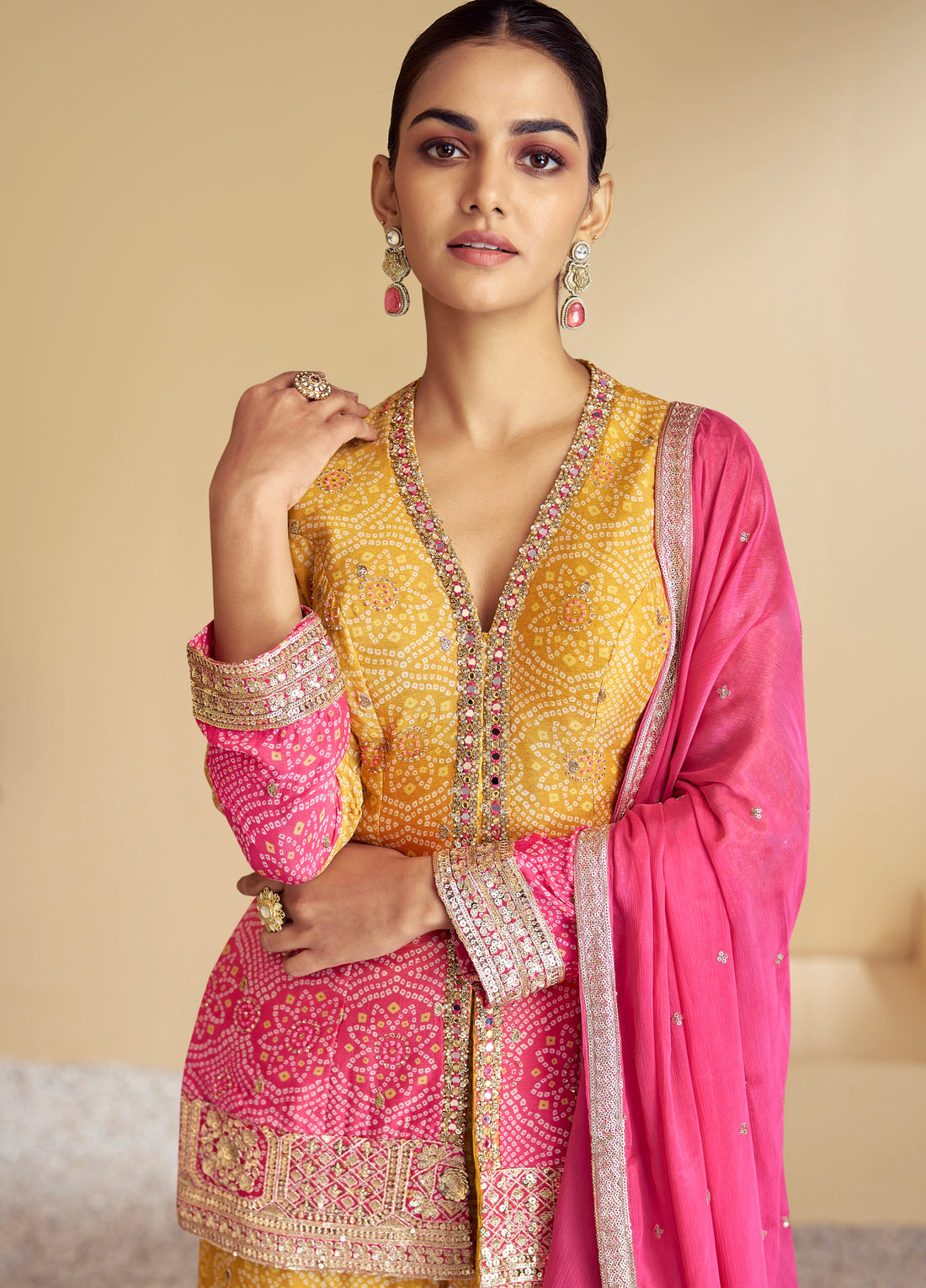 Mustard Yellow & Pink Digital Chinon Sharara Suit with Gold Embroidery