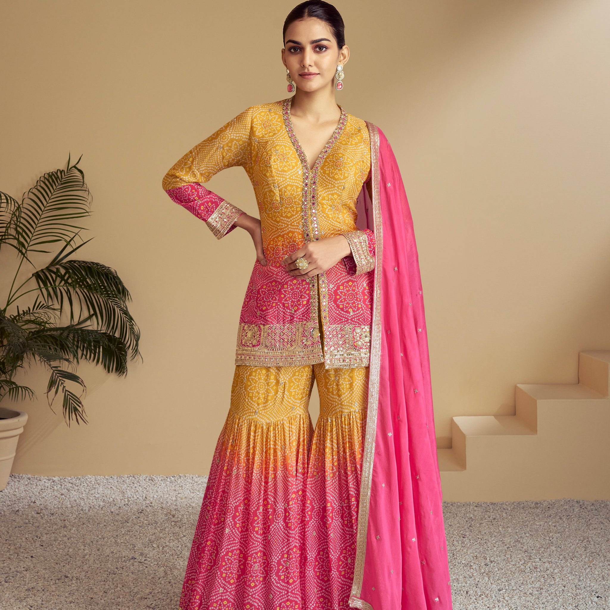 Mustard Yellow & Pink Digital Chinon Sharara Suit with Gold Embroidery