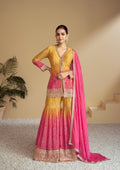 Mustard Yellow & Pink Digital Chinon Sharara Suit with Gold Embroidery