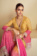 Mustard Yellow & Pink Digital Chinon Sharara Suit with Gold Embroidery