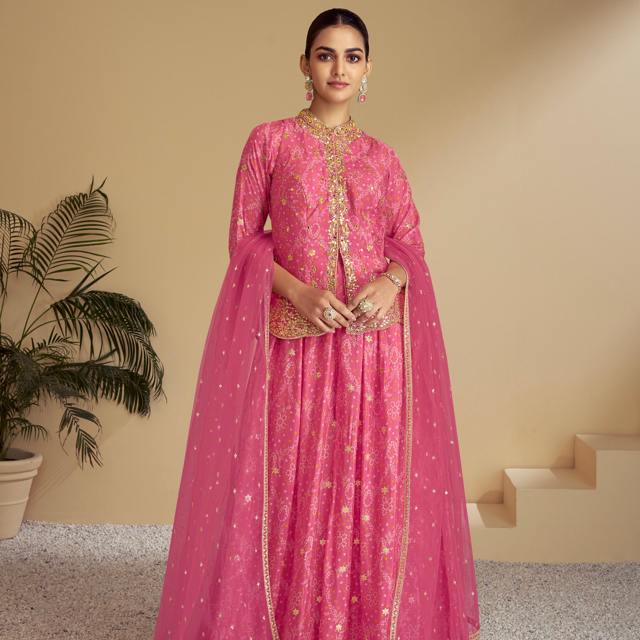 Pink Digital Chinon Sharara Suit & Mirror Work & Embroidered Dupatta