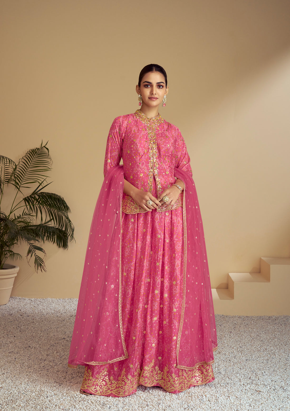 Pink Digital Chinon Sharara Suit & Mirror Work & Embroidered Dupatta