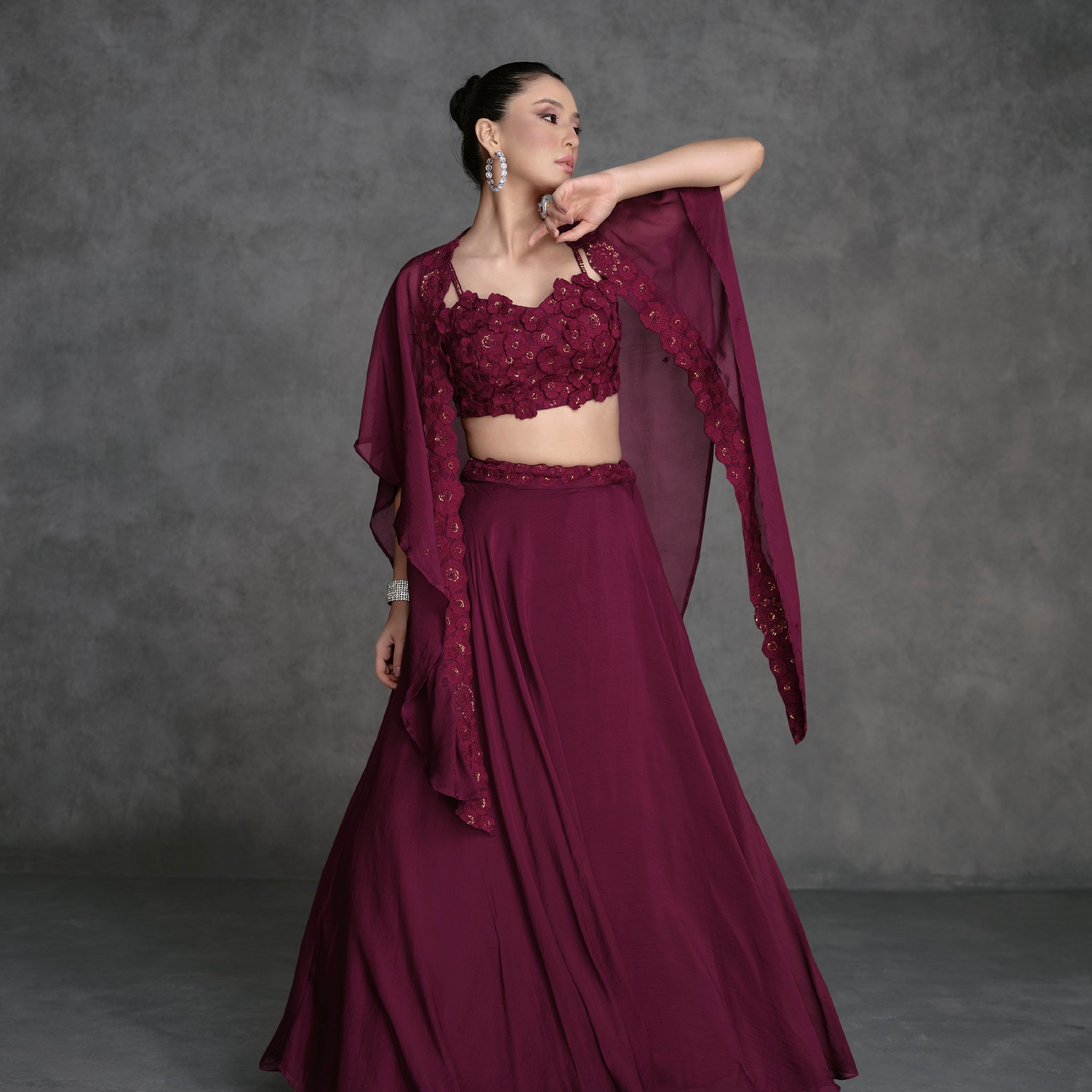 Deep Maroon Organza Silk Sharara Suit with Floral Embroidery