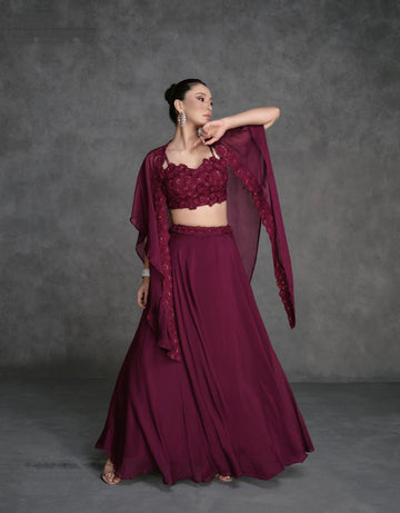 Deep Maroon Organza Silk Sharara Suit with Floral Embroidery