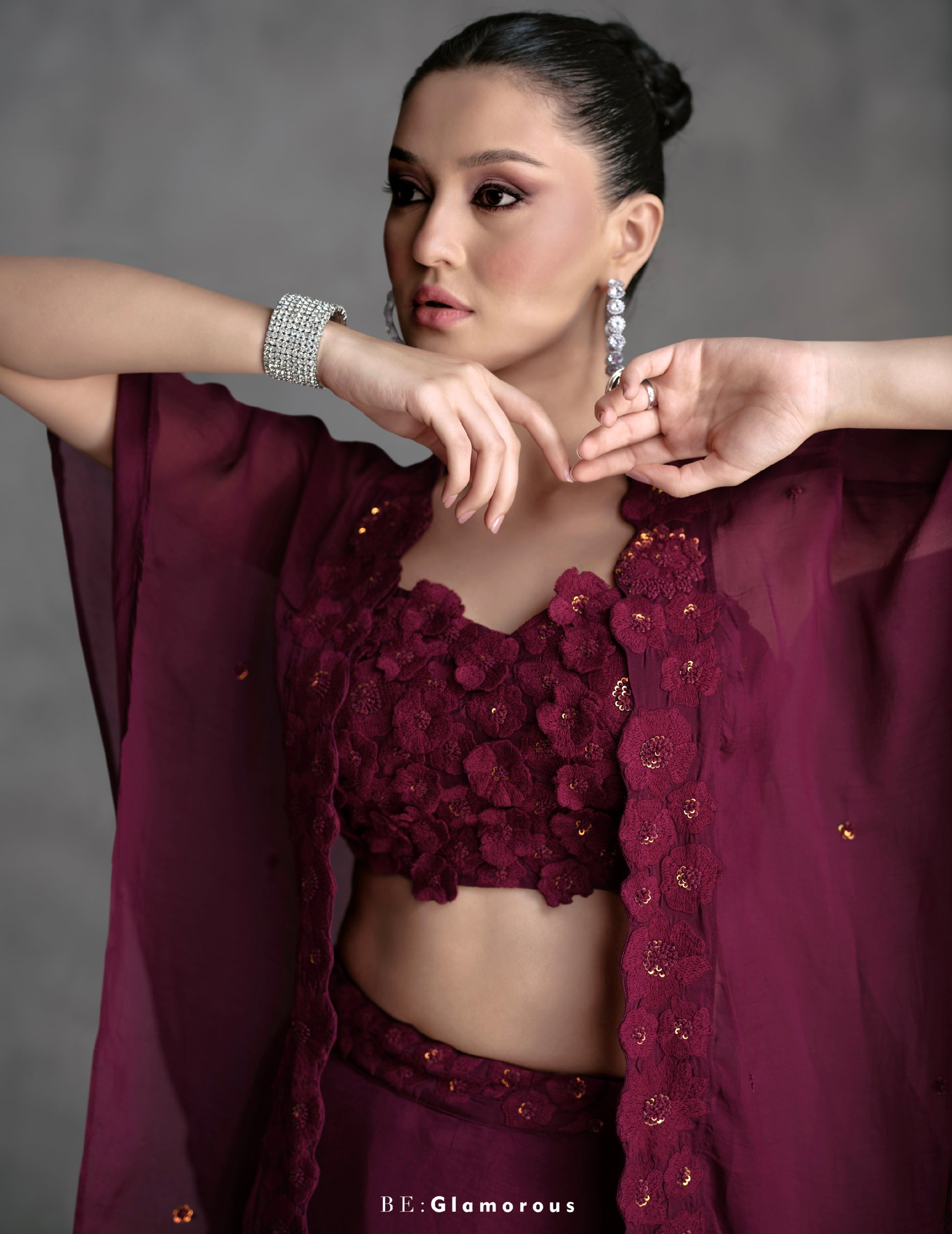 Deep Maroon Organza Silk Sharara Suit with Floral Embroidery