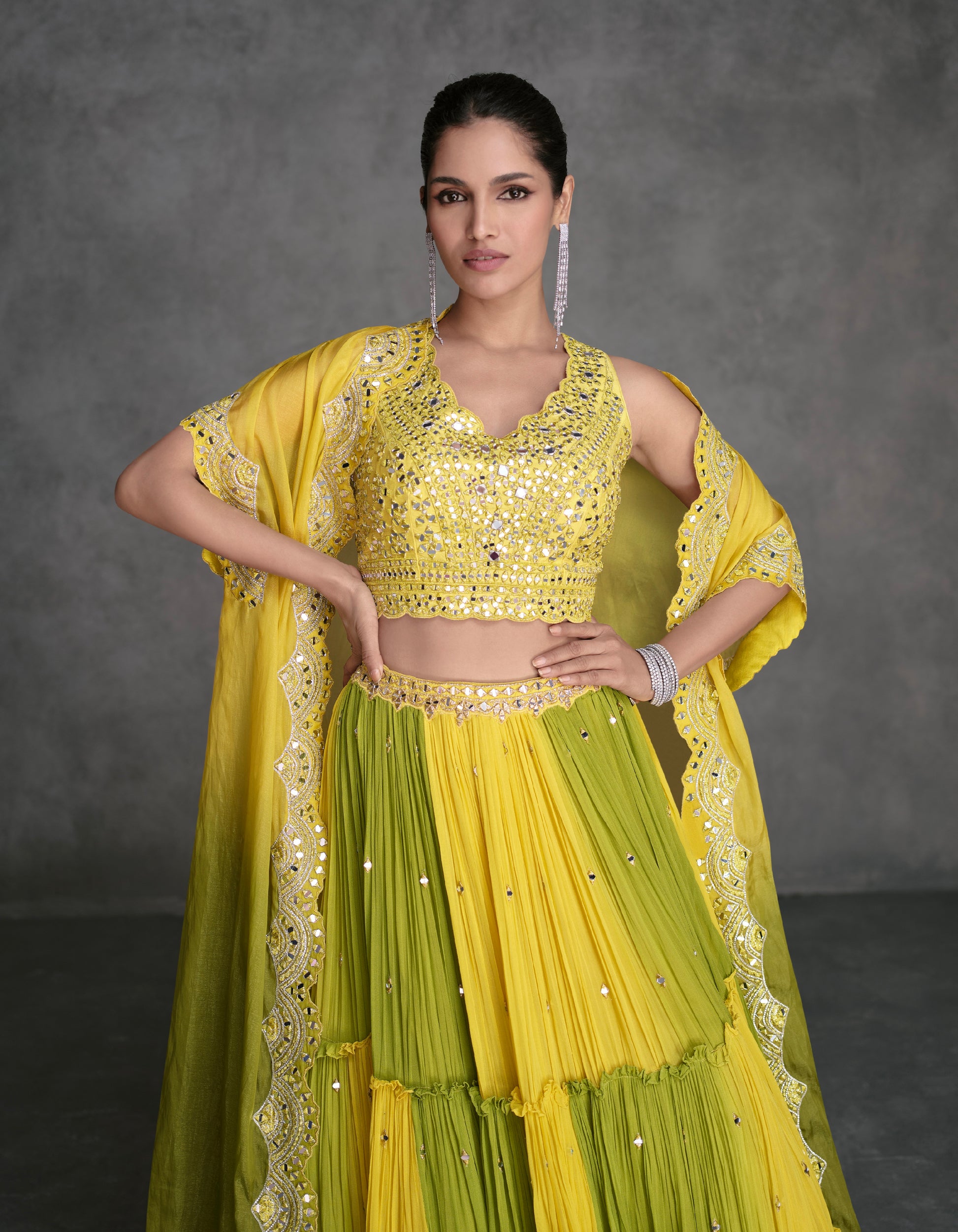 Yellow & Lime Green Sharara Suit in Organza Silk with Mirror Work