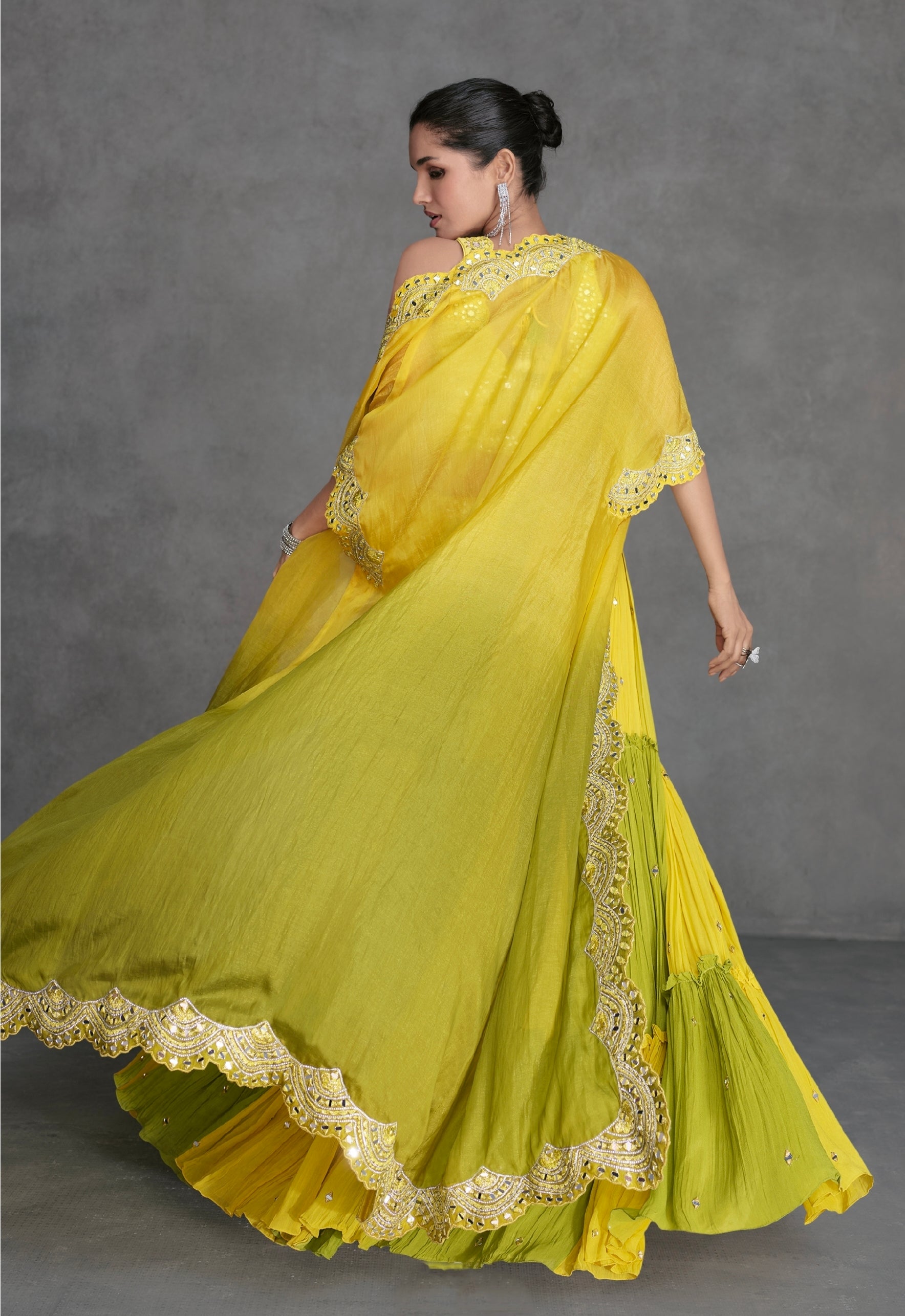 Yellow & Lime Green Sharara Suit in Organza Silk with Mirror Work