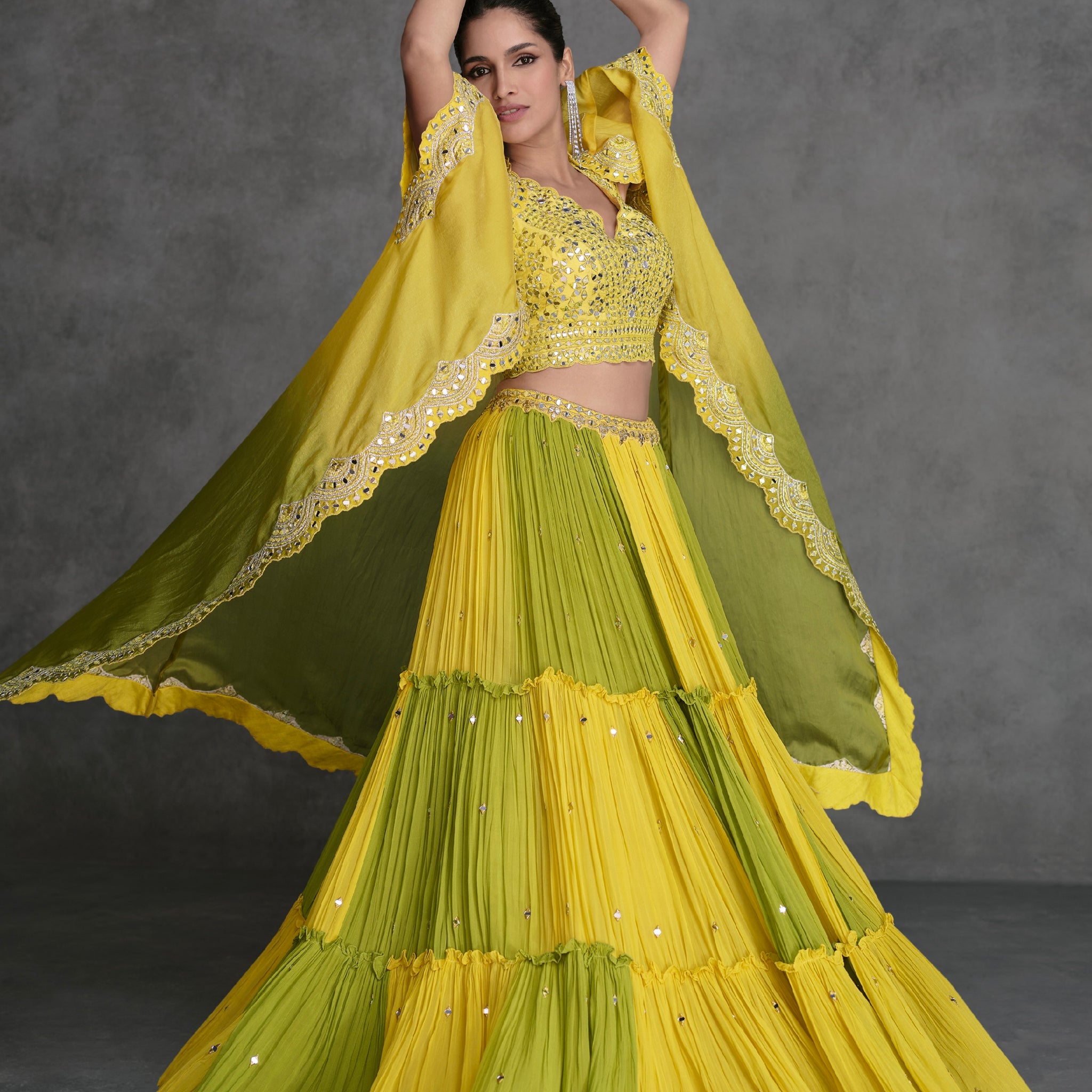 Yellow & Lime Green Sharara Suit in Organza Silk with Mirror Work