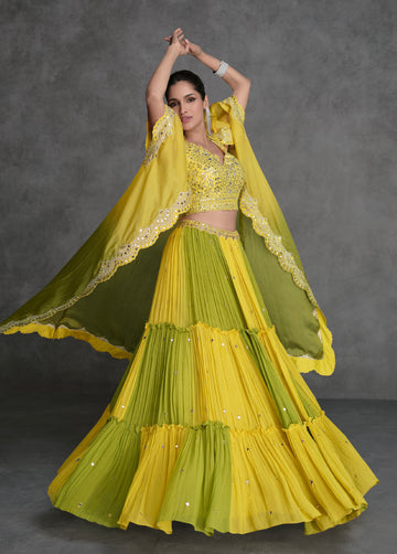 Yellow & Lime Green Sharara Suit in Organza Silk with Mirror Work