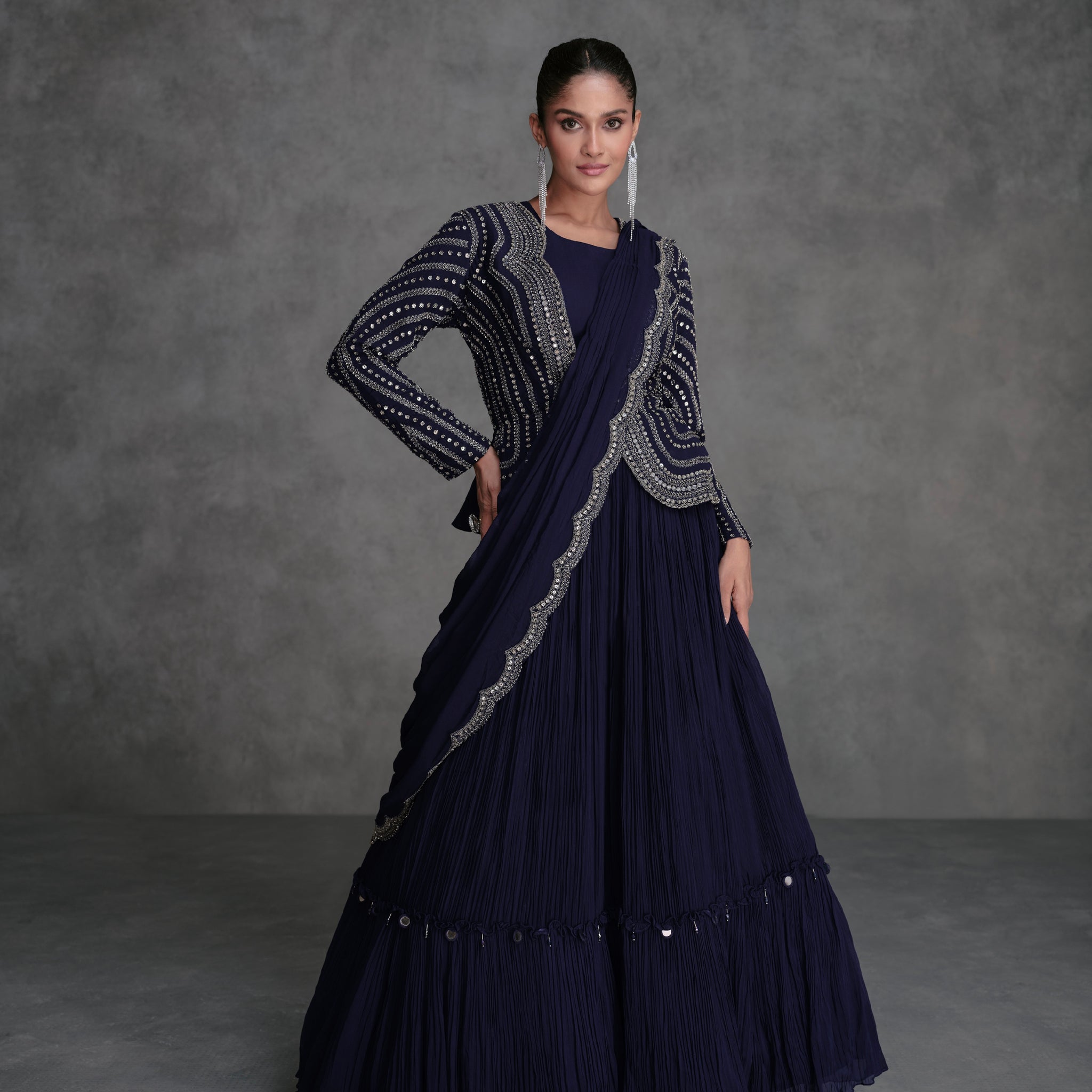 Navy Blue Georgette Sharara Suit with Silver Embroidery & Cancan