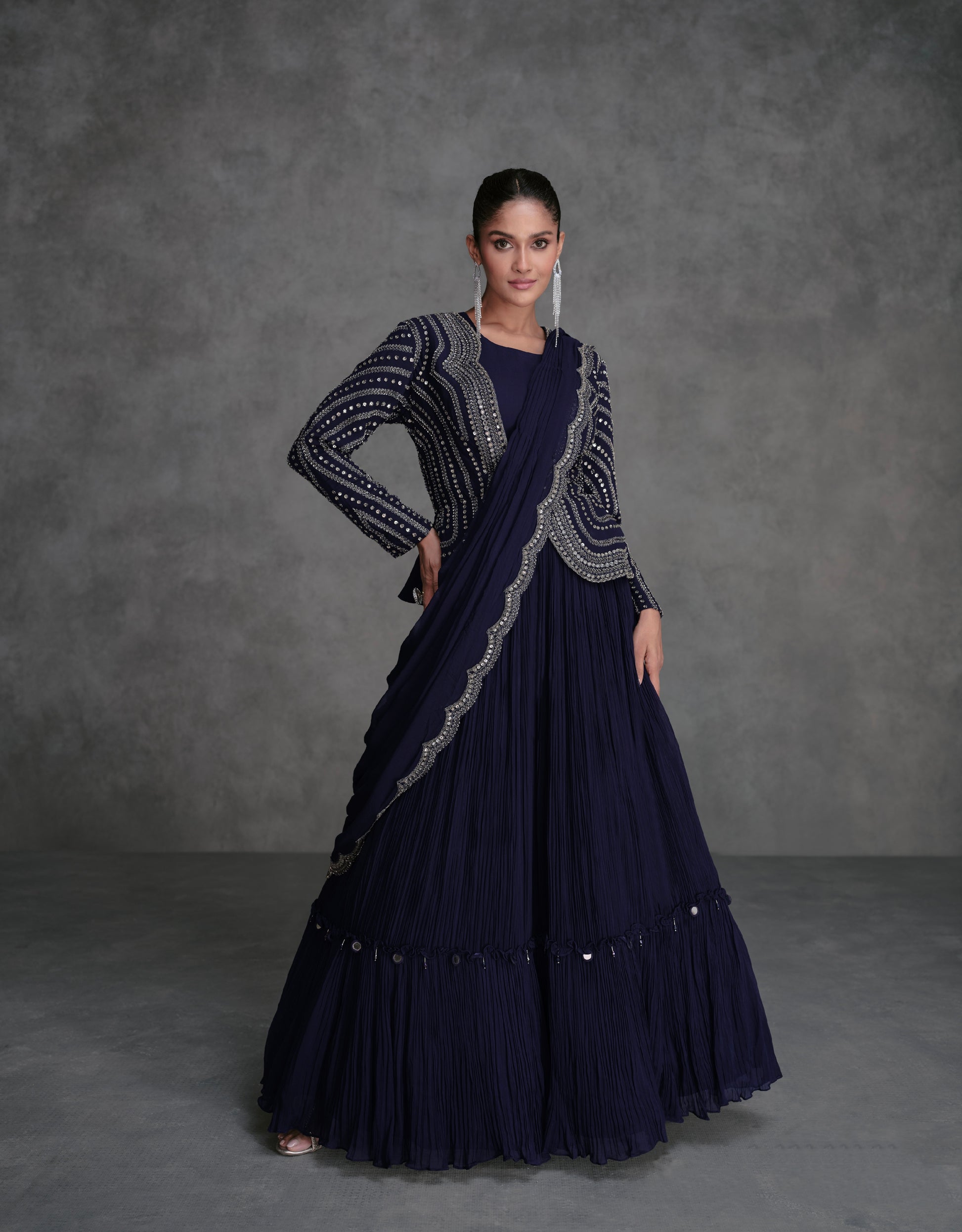 Navy Blue Georgette Sharara Suit with Silver Embroidery & Cancan