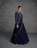 Navy Blue Georgette Sharara Suit with Silver Embroidery & Cancan