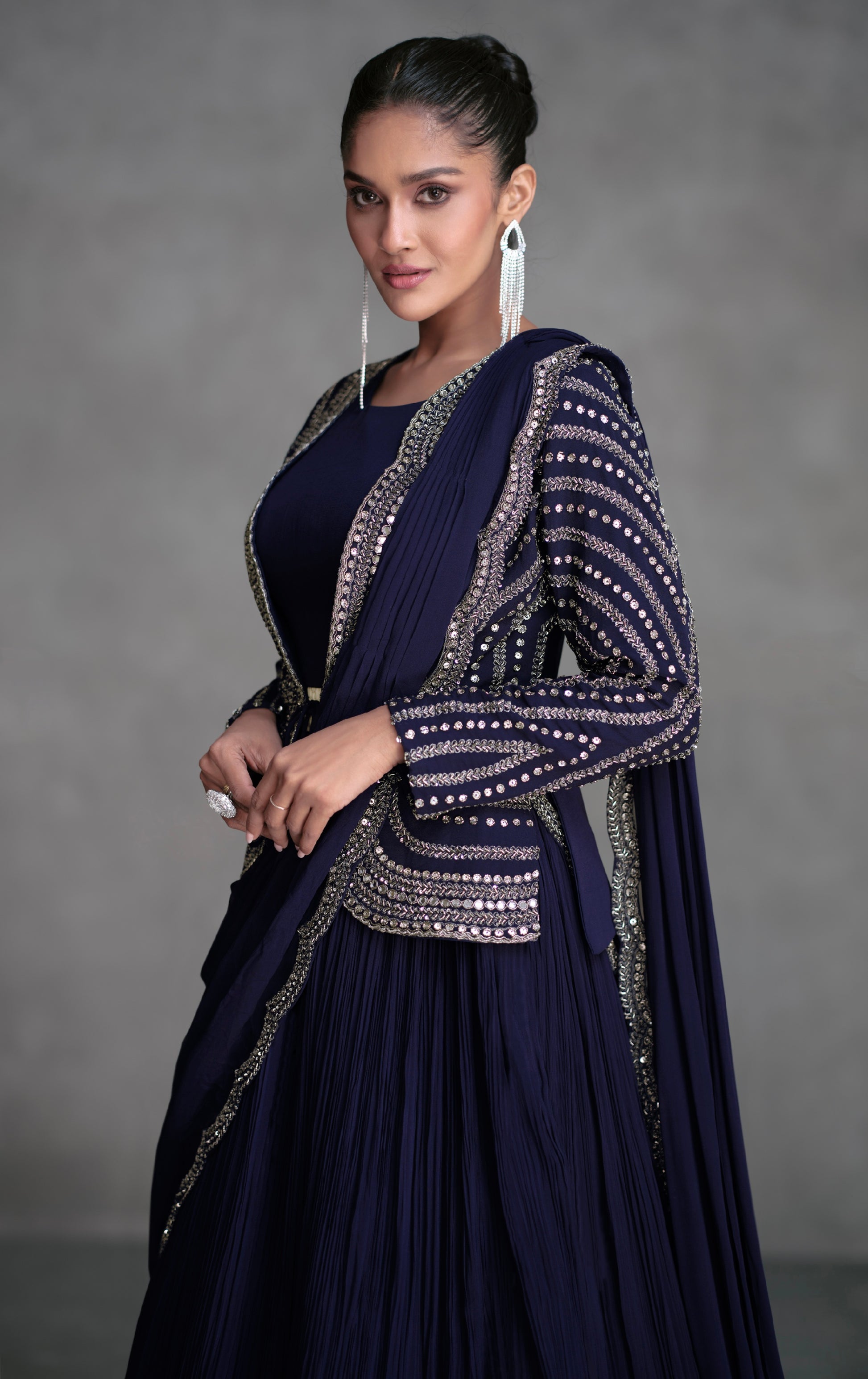 Navy Blue Georgette Sharara Suit with Silver Embroidery & Cancan