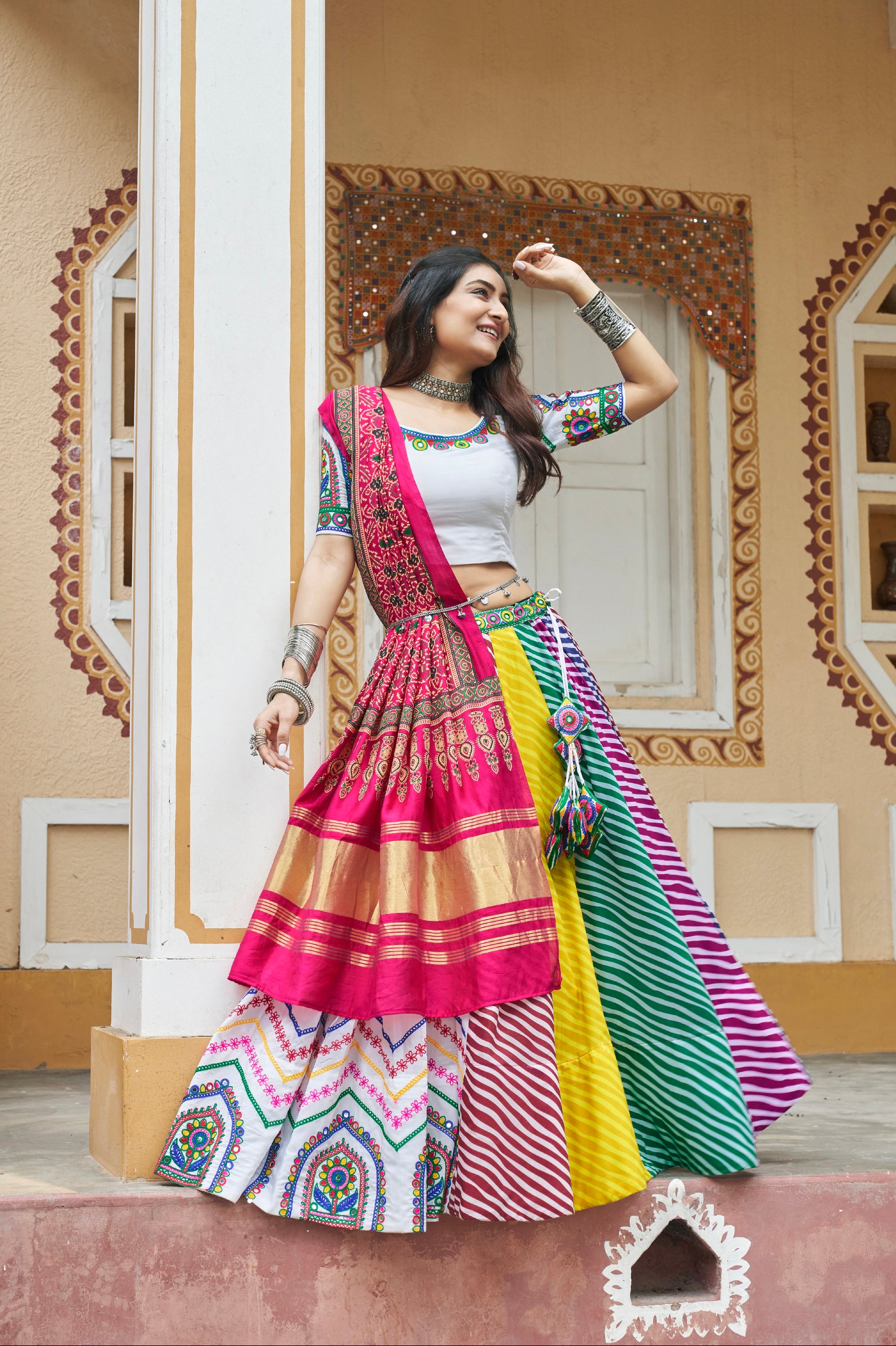 White & Pink Maslin Cotton Chaniya Choli Embroidered & Dupatta for Navratri