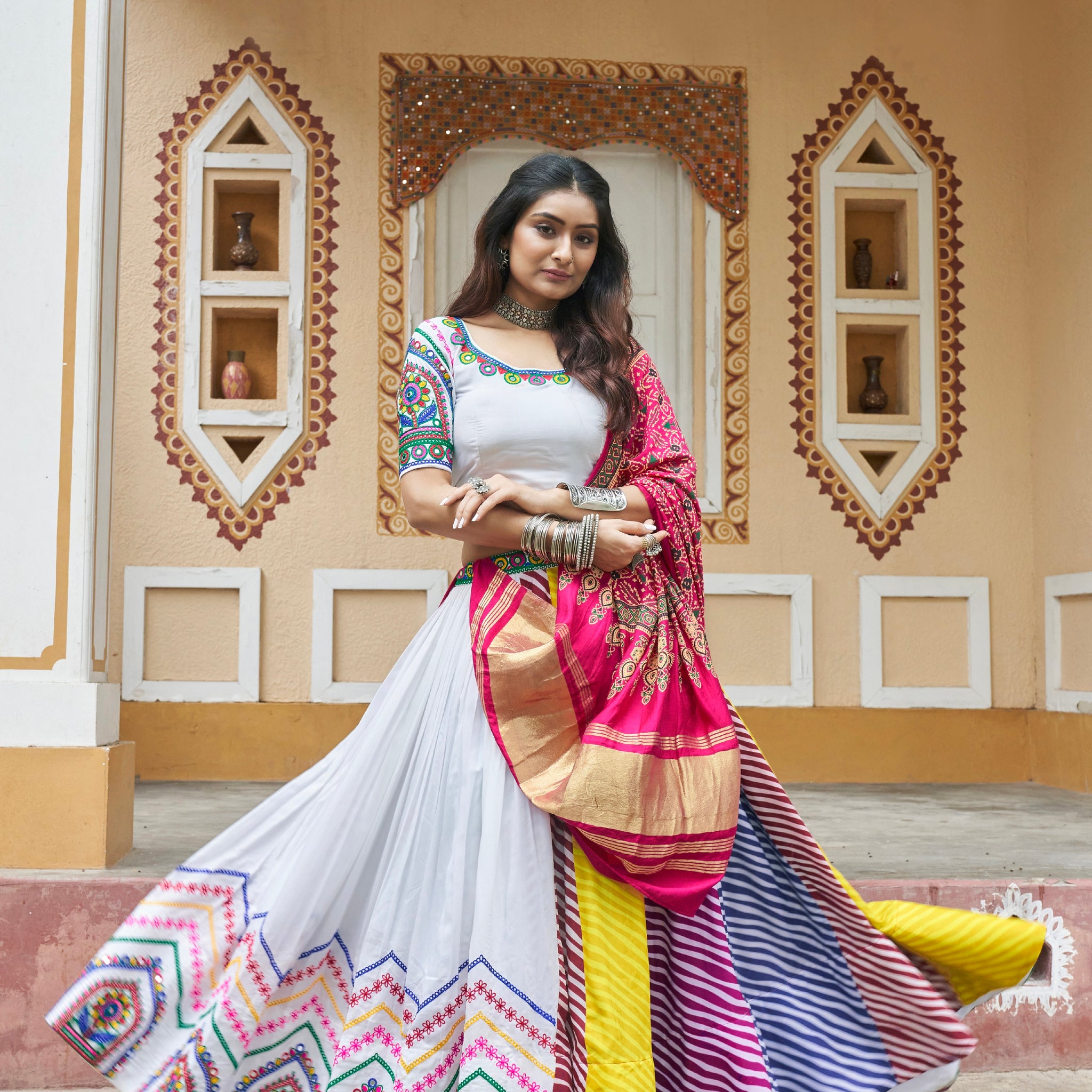 White & Pink Maslin Cotton Chaniya Choli Embroidered & Dupatta for Navratri