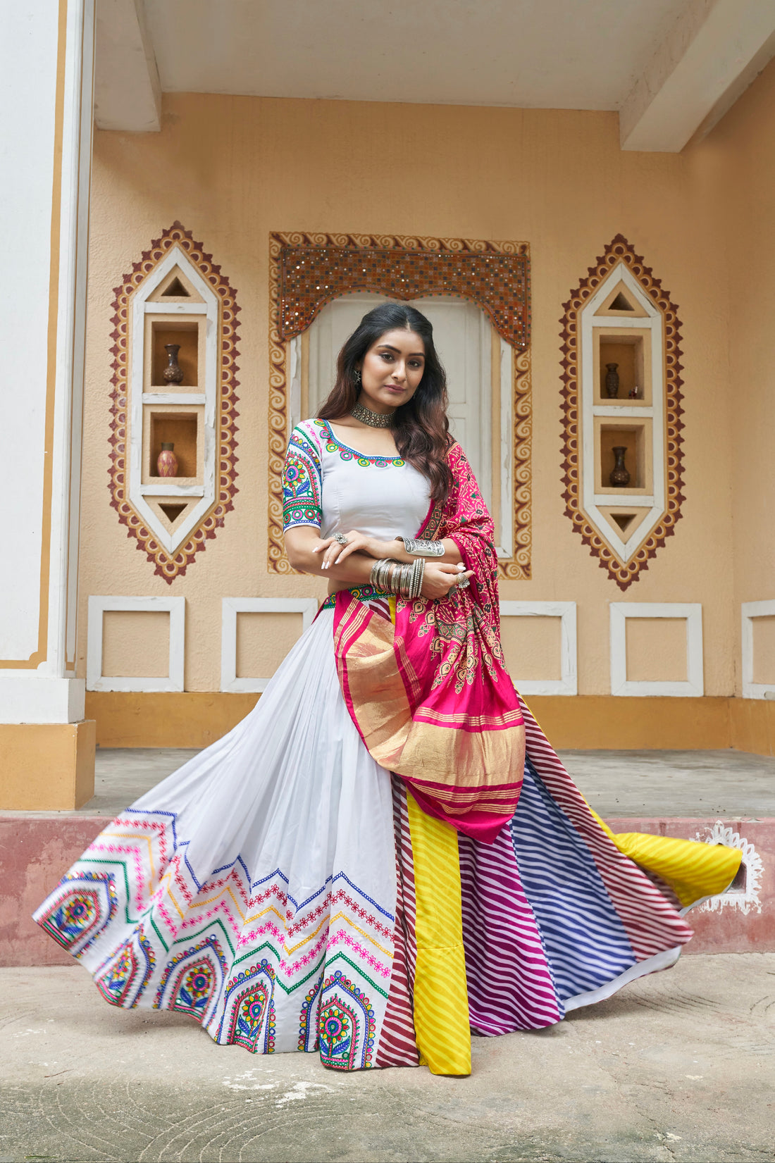 White & Pink Maslin Cotton Chaniya Choli Embroidered & Dupatta for Navratri