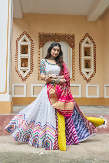 White & Pink Maslin Cotton Chaniya Choli Embroidered & Dupatta for Navratri