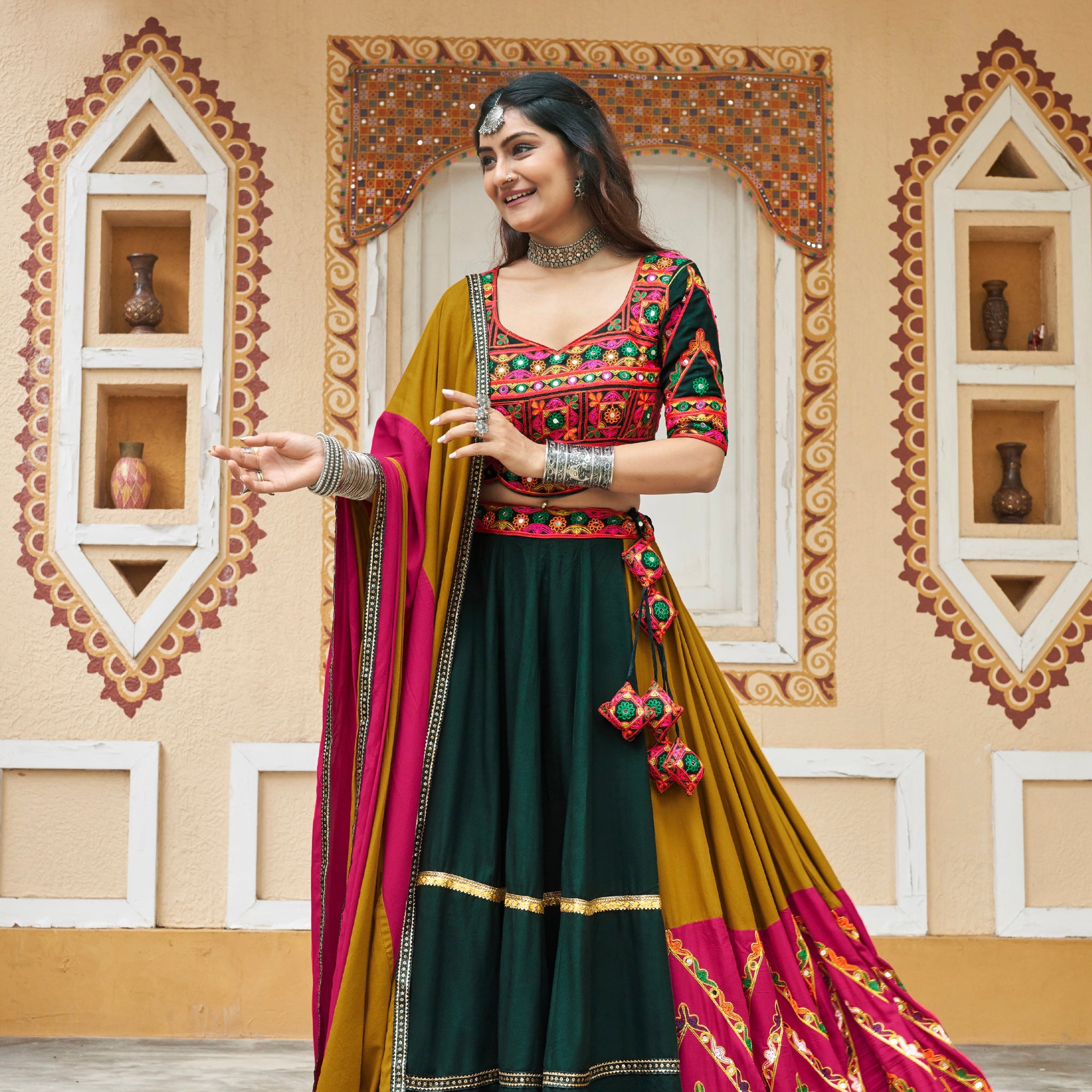 Fluorescent Green Embroidered Chaniya Choli with Mirror Work for Navratri