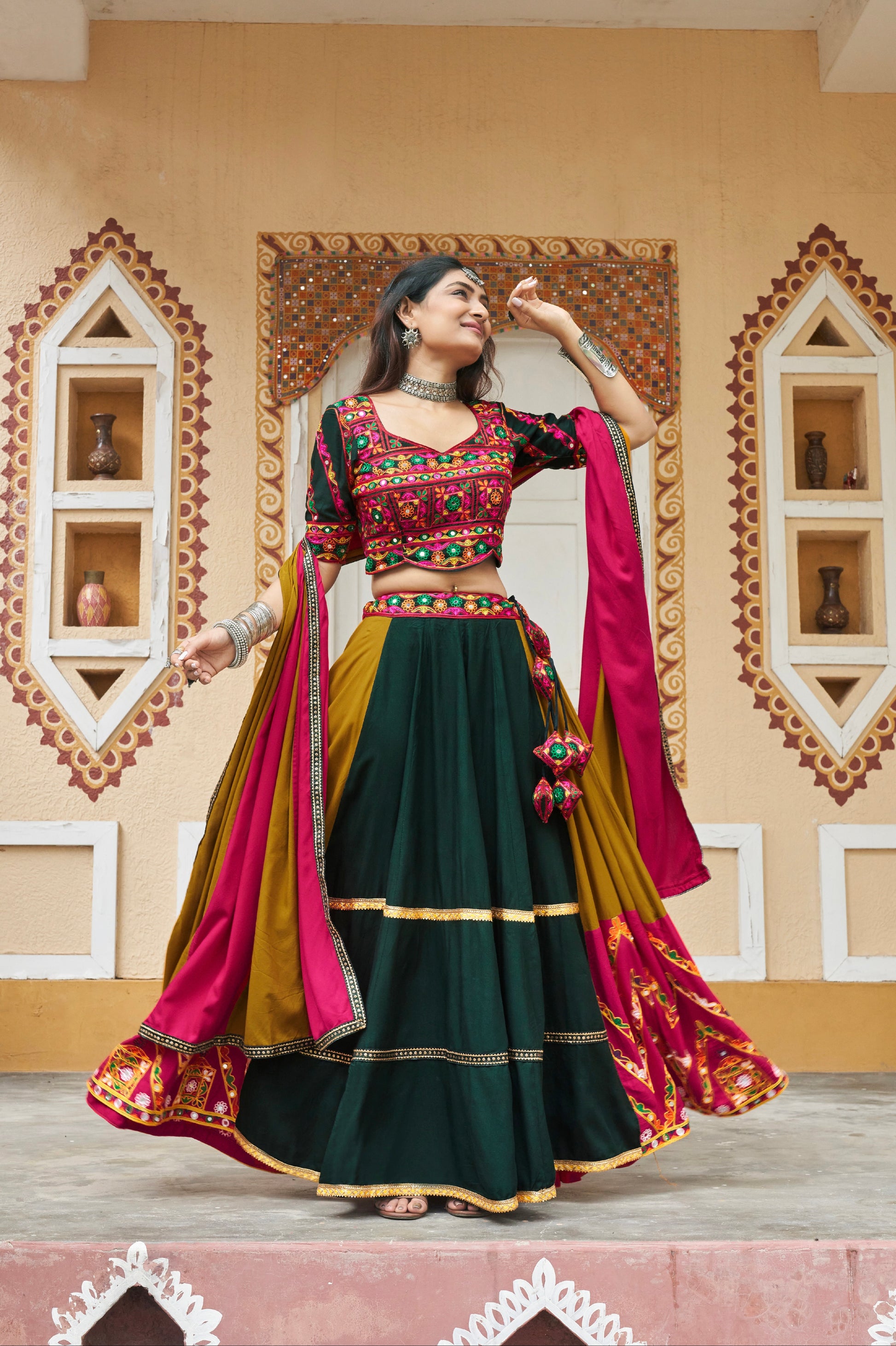 Fluorescent Green Embroidered Chaniya Choli with Mirror Work for Navratri