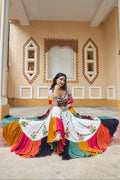 White Multicolor Embroidered Chaniya Choli & Mirror Work for Navratri