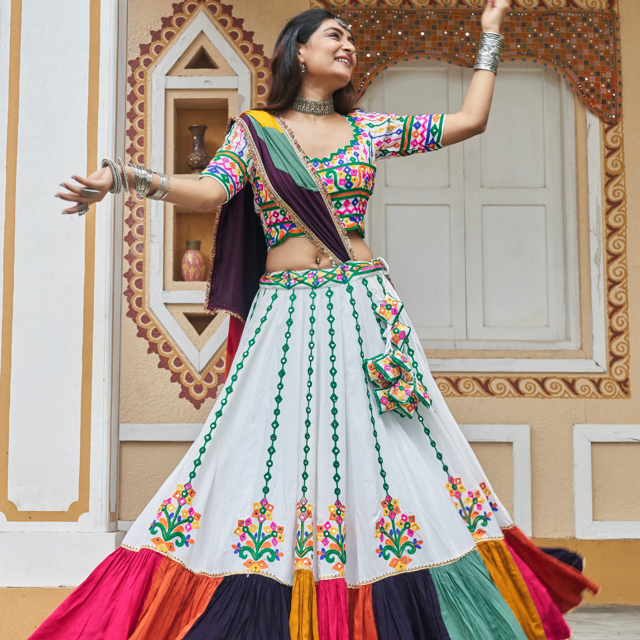 White Multicolor Embroidered Chaniya Choli & Mirror Work for Navratri