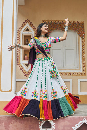 White Multicolor Embroidered Chaniya Choli & Mirror Work for Navratri