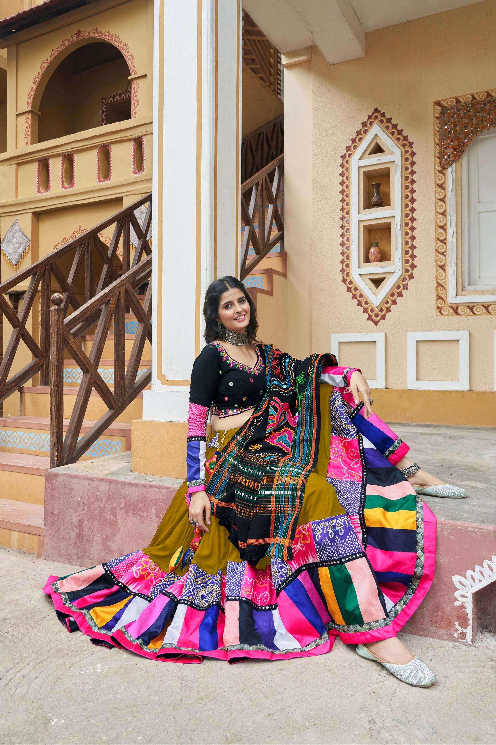 Mustard Yellow Embroidered Chaniya Choli with Mirror Work for Navratri