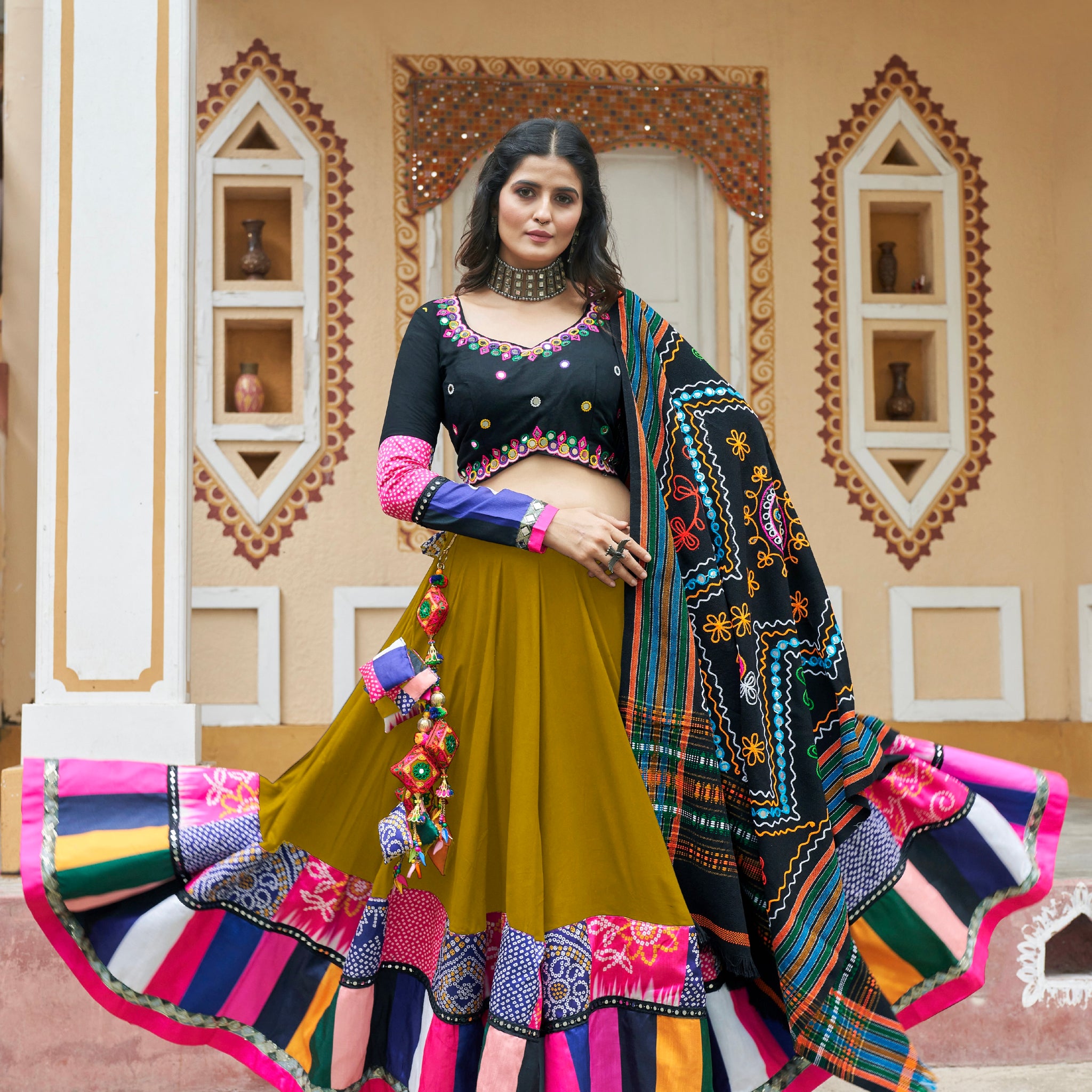 Mustard Yellow Embroidered Chaniya Choli with Mirror Work for Navratri